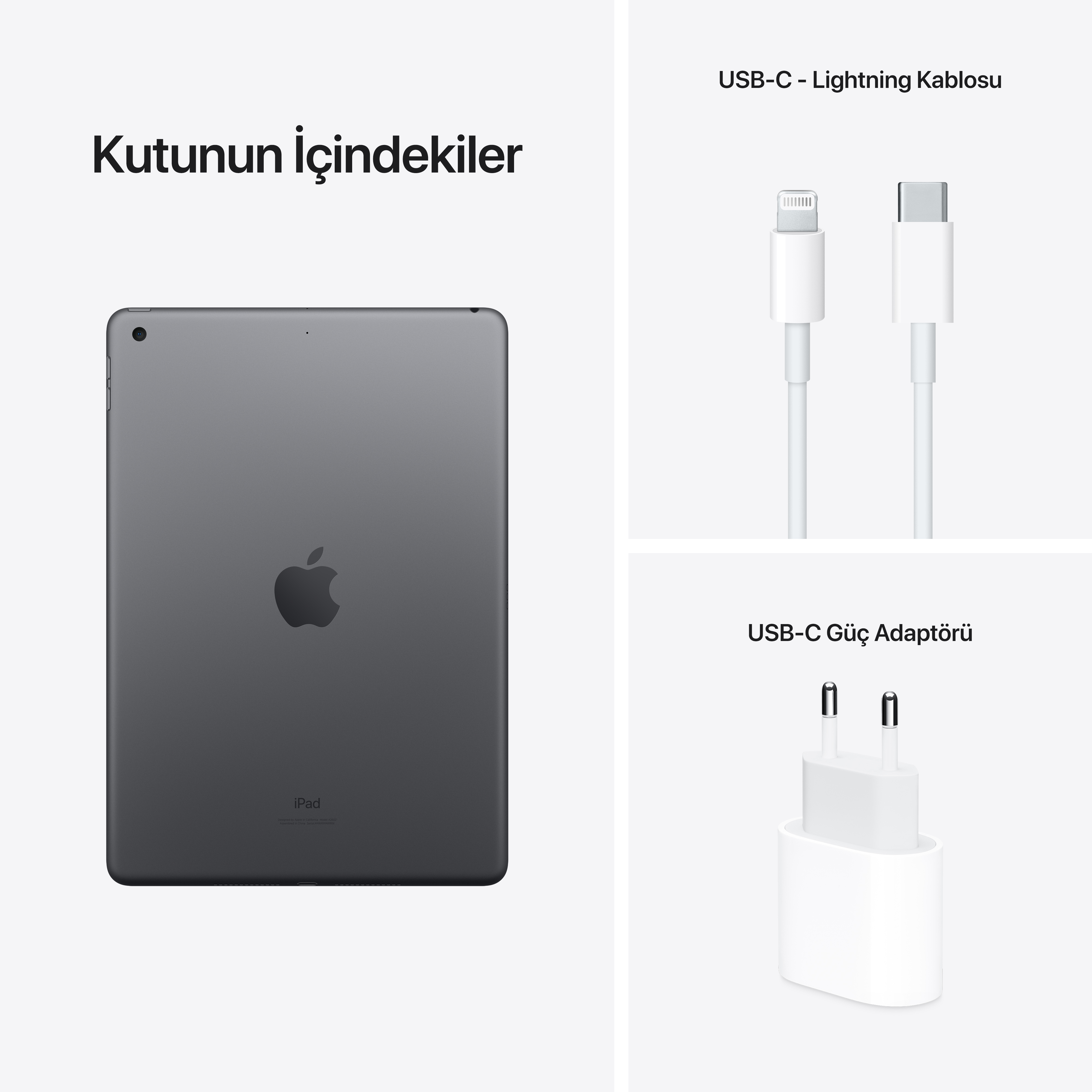 iPad, Lightning kablosu ve USB-C güç adaptörü.