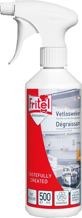 Een witte spuitfles met ontvetter met rode en witte etiketten.