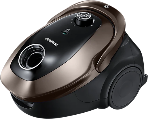 Ein brauner und schwarzer Staubsauger mit dem Samsung-Logo.