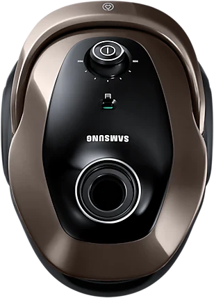 Brauner und schwarzer Samsung-Staubsauger mit Ein-/Aus-Taste und Logo.