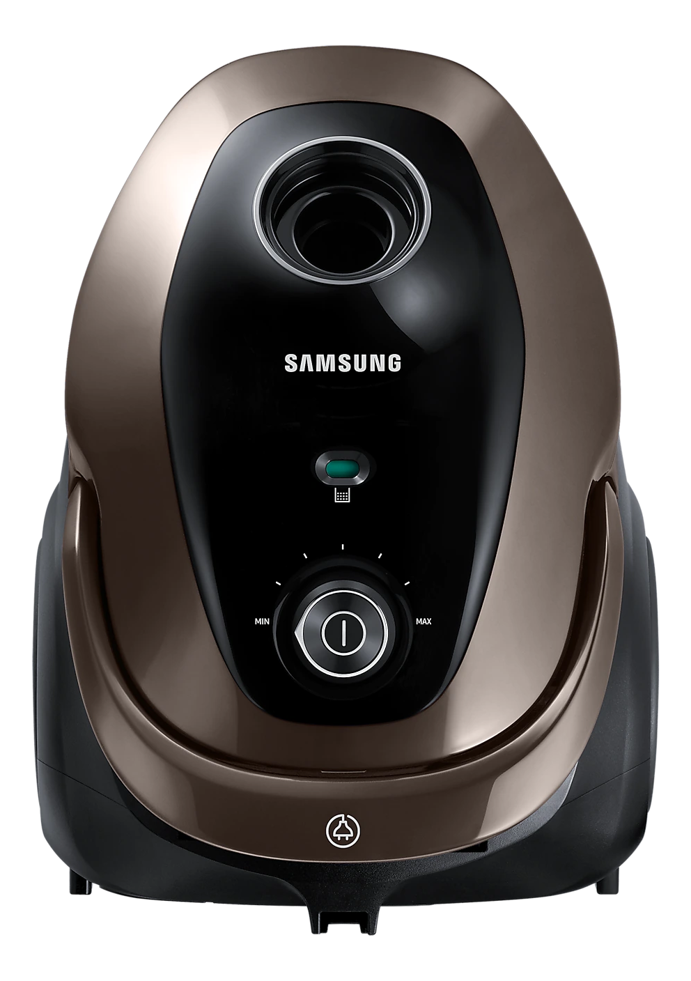 Nahaufnahme eines Samsung Staubsaugers, braun und schwarz, mit Bedienknöpfen.