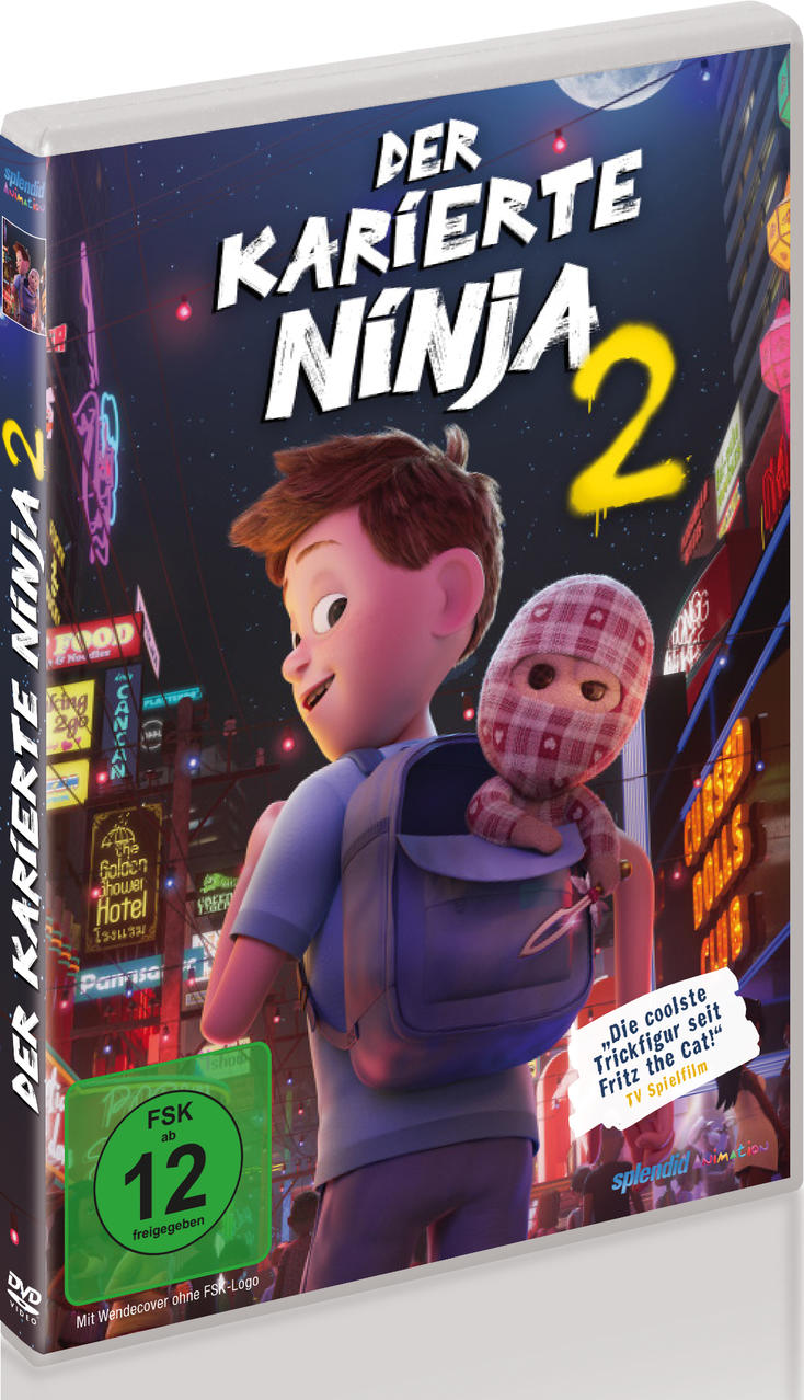 Filmcover mit Cartoon-Junge, Ninja und Text in einer Stadt.