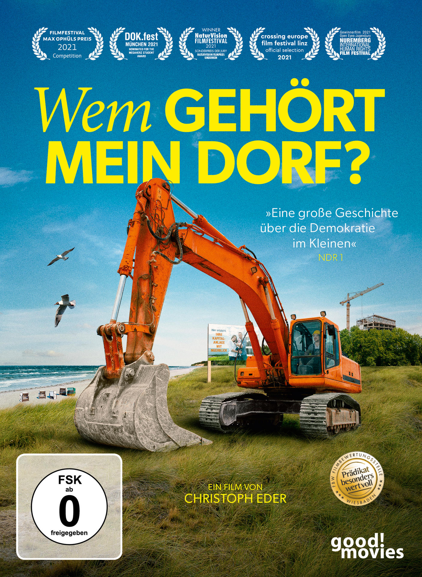 Film-DVD-Cover. Ein orangefarbener Bagger auf einem Feld. Der Titel ist auf Deutsch.