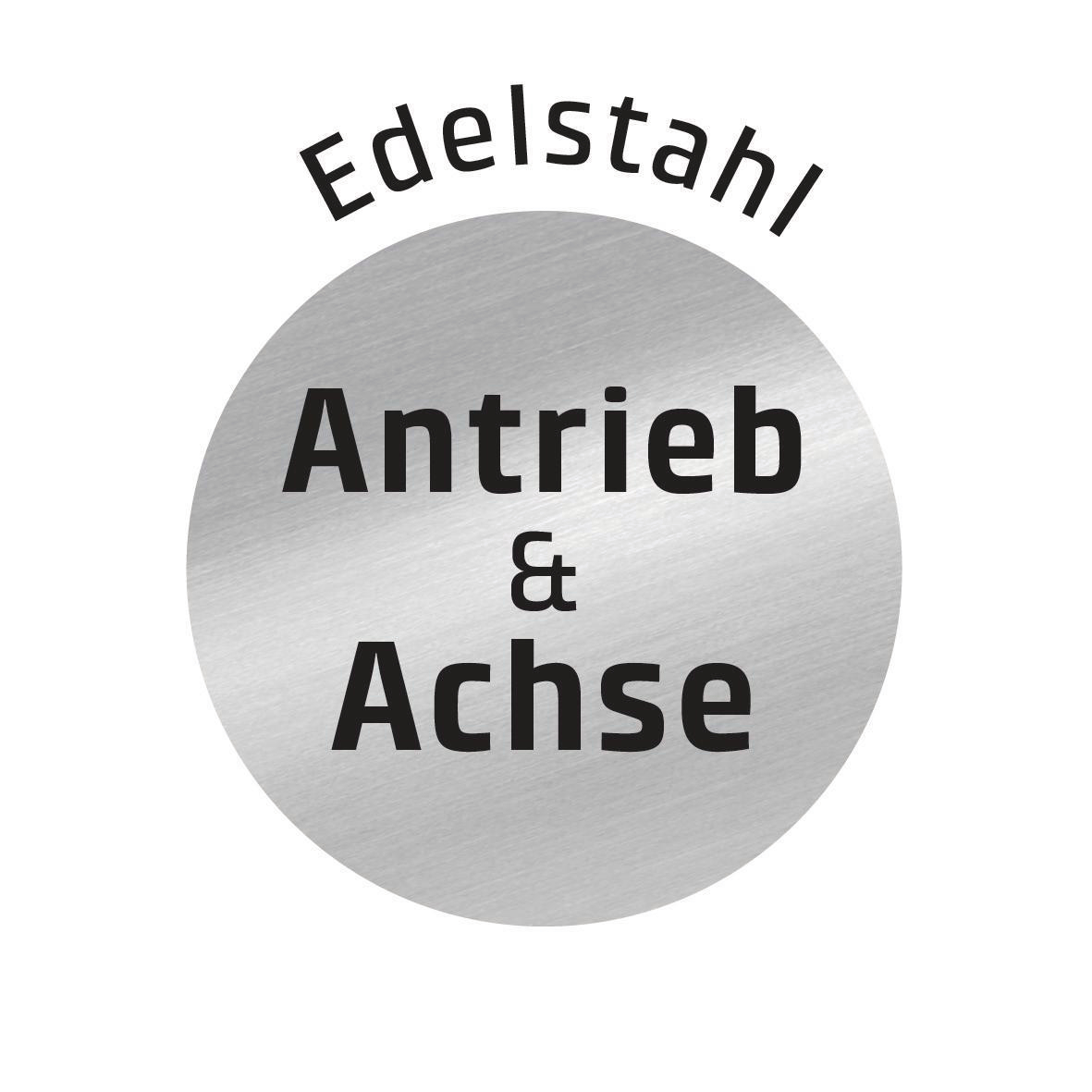 Edelstahl Antrieb & Achse auf silbrigem Kreis