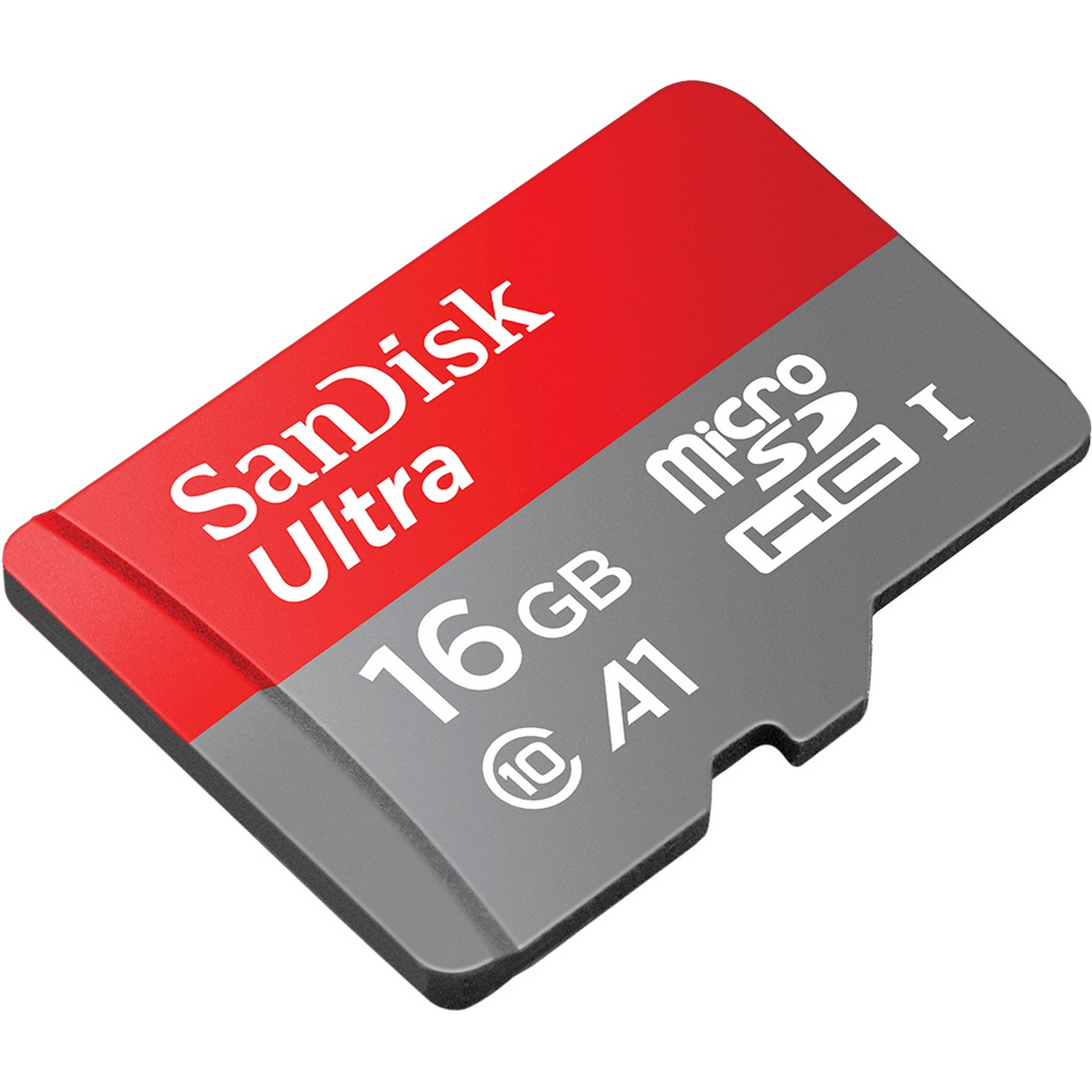 Tarjeta microSD SanDisk Ultra roja y gris con texto y marcas.