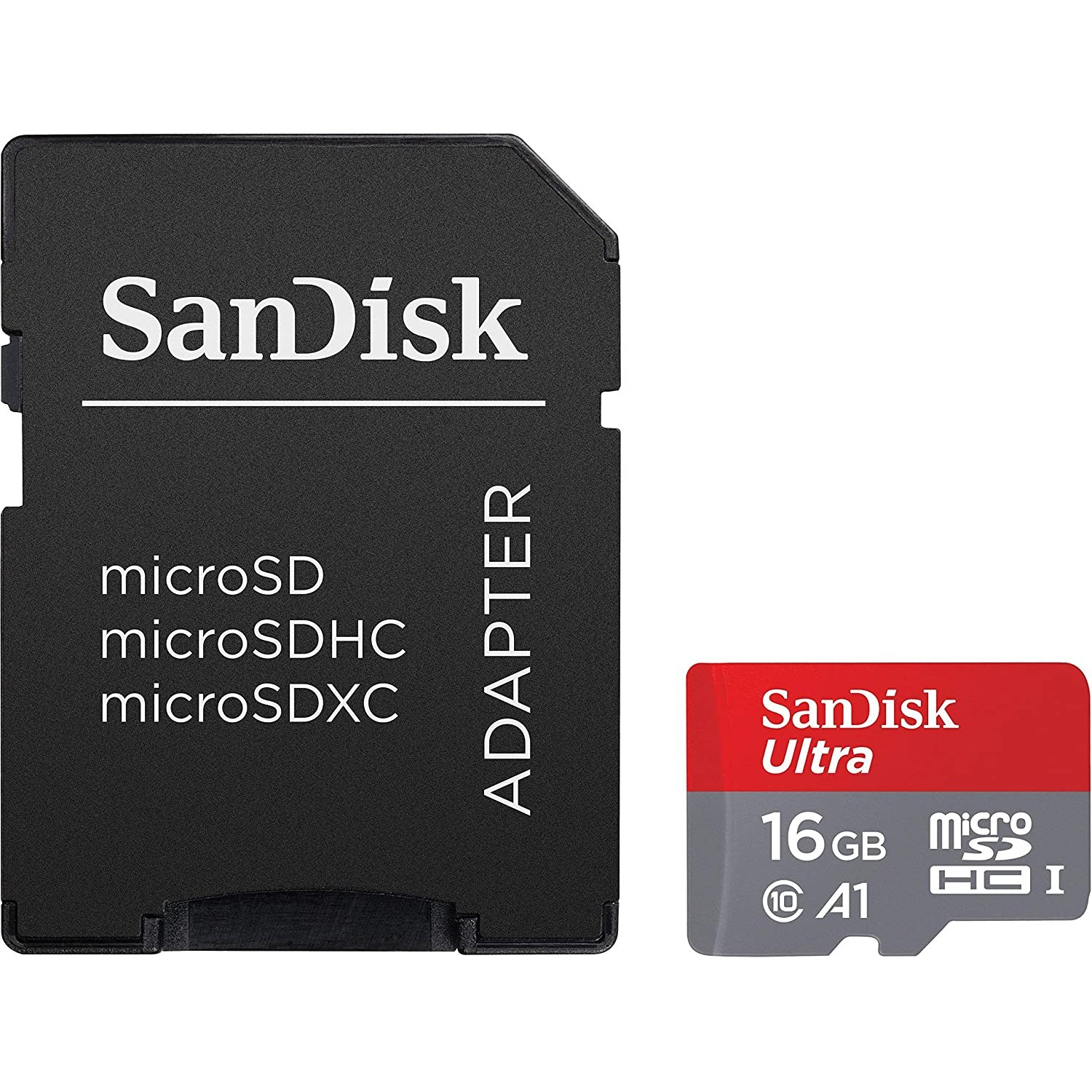 Adaptador de tarjeta SD y una tarjeta microSD SanDisk roja y negra, fondo blanco.