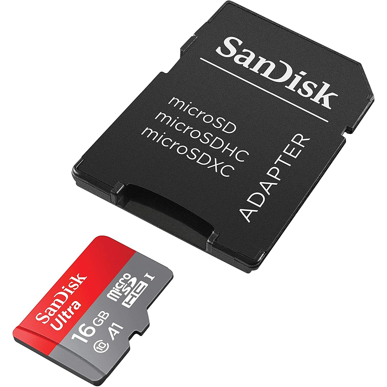 Una tarjeta de memoria y adaptador SanDisk negros junto a una tarjeta microSD roja de 16GB.