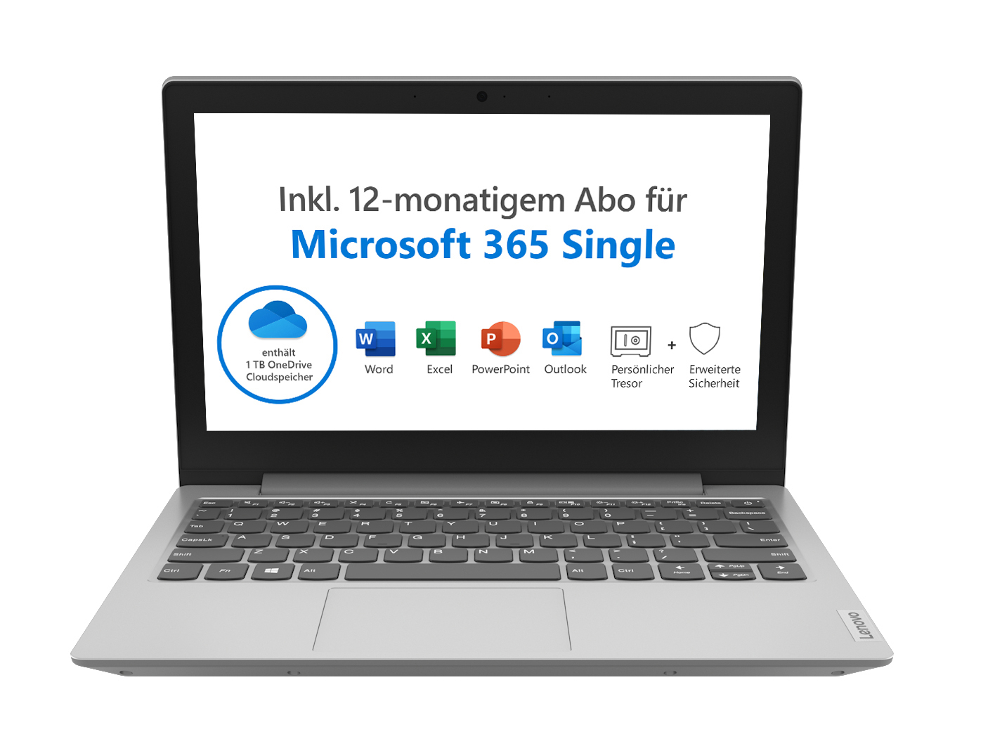 Laptop auf weißem Hintergrund, geöffnet, mit Informationen zum Microsoft 365 Single-Abonnement auf dem Bildschirm.