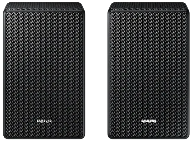 Deux enceintes rectangulaires noires. Le mot 'SAMSUNG' est écrit en bas.