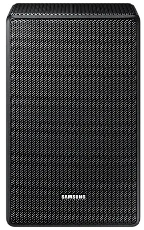 Haut-parleur rectangulaire noir avec façade en mesh et logo Samsung en bas.