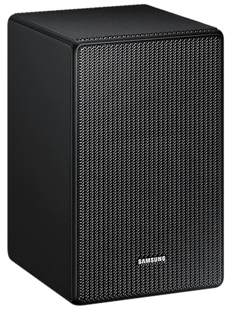 Haut-parleur rectangulaire noir. L'avant a un motif en mesh. Logo SAMSUNG visible.