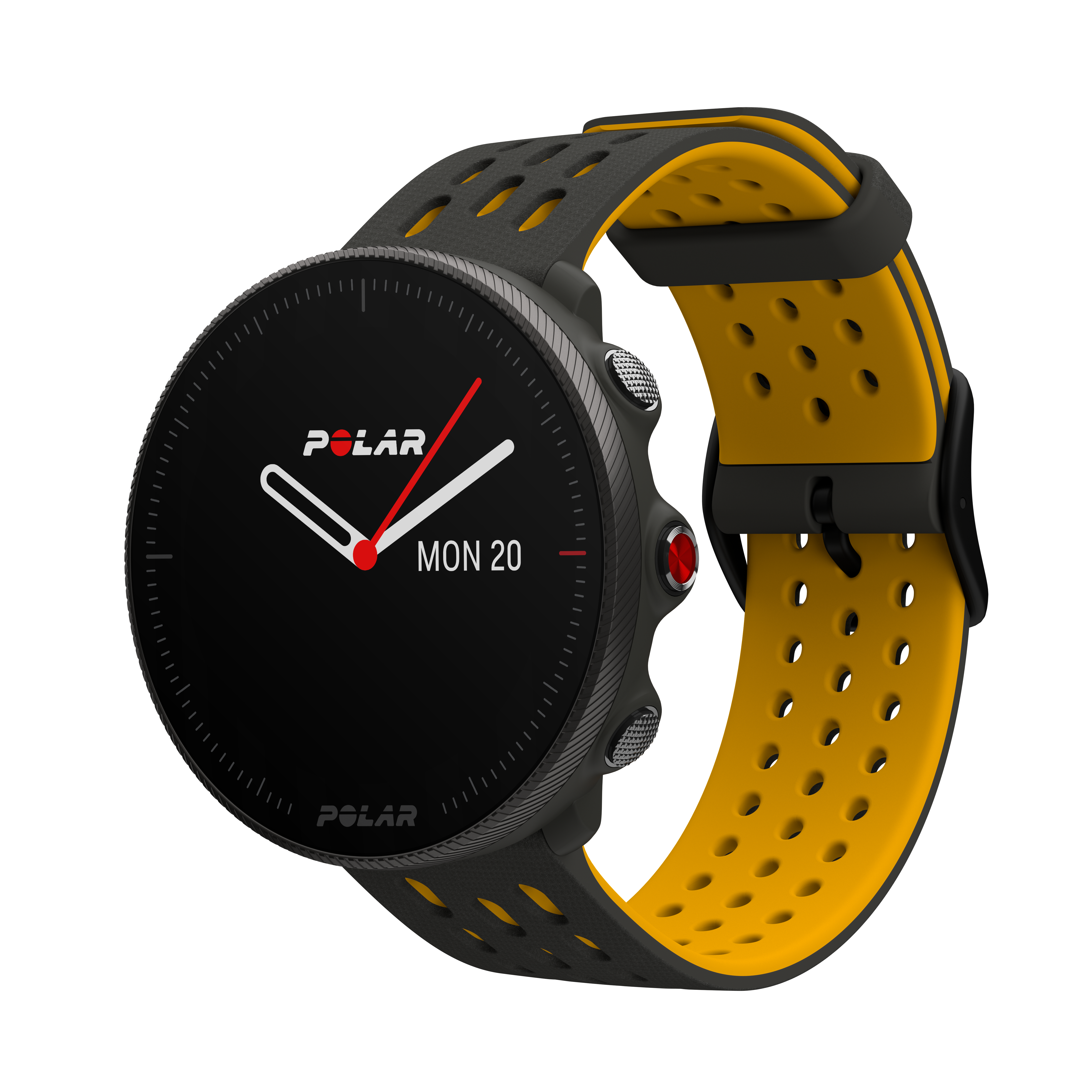 Eine schwarze Smartwatch mit gelbem Armband, die Datum und Uhrzeit anzeigt.