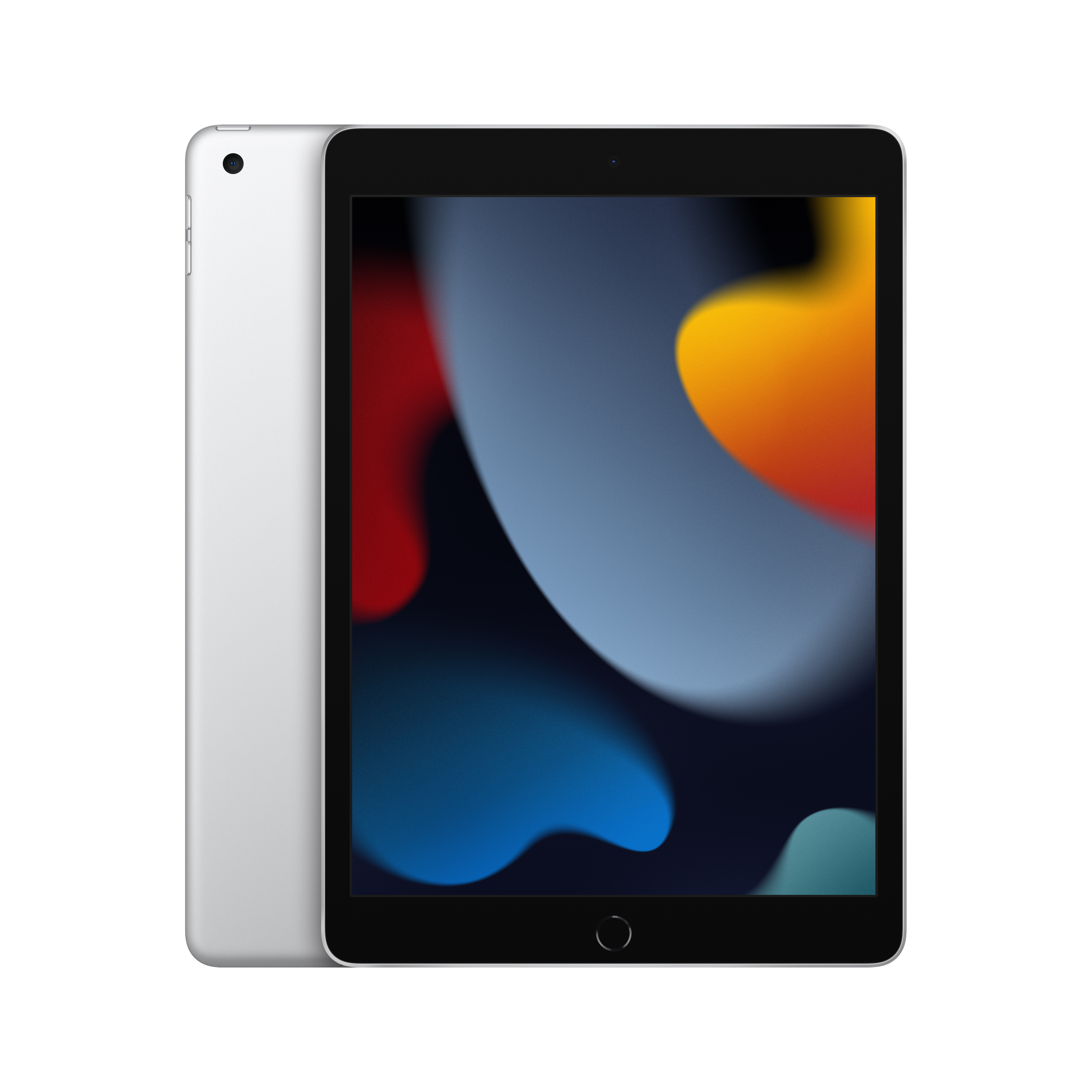 Renkli soyut bir arka plan gösteren siyah ekranlı gümüş iPad.
