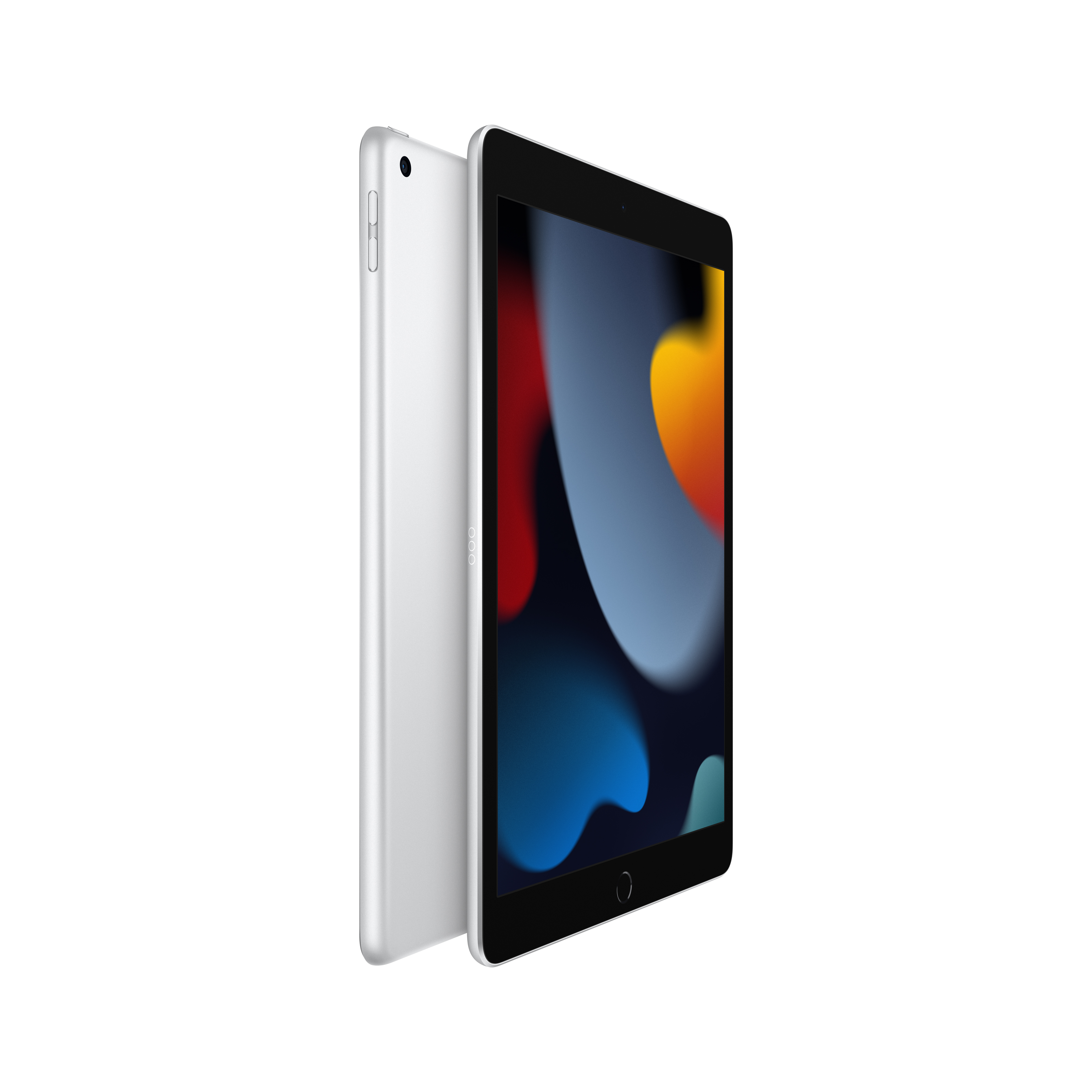 İki gümüş iPad, biri eğik, renkli bir ekran gösteriyor. Bir iPad'in arkası görünüyor.