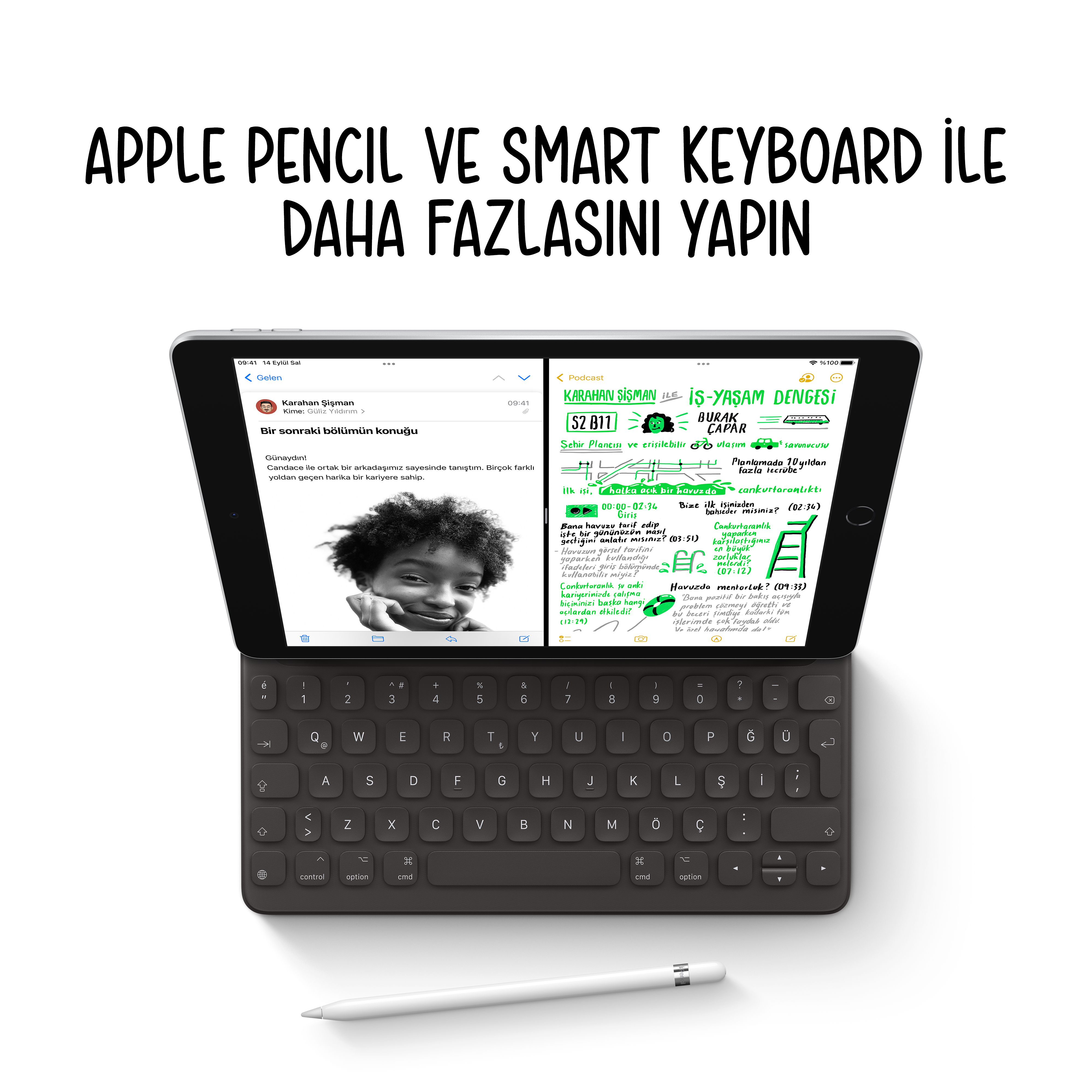 Klavye ve Apple Pencil ile iPad, el yazısı notuyla.
