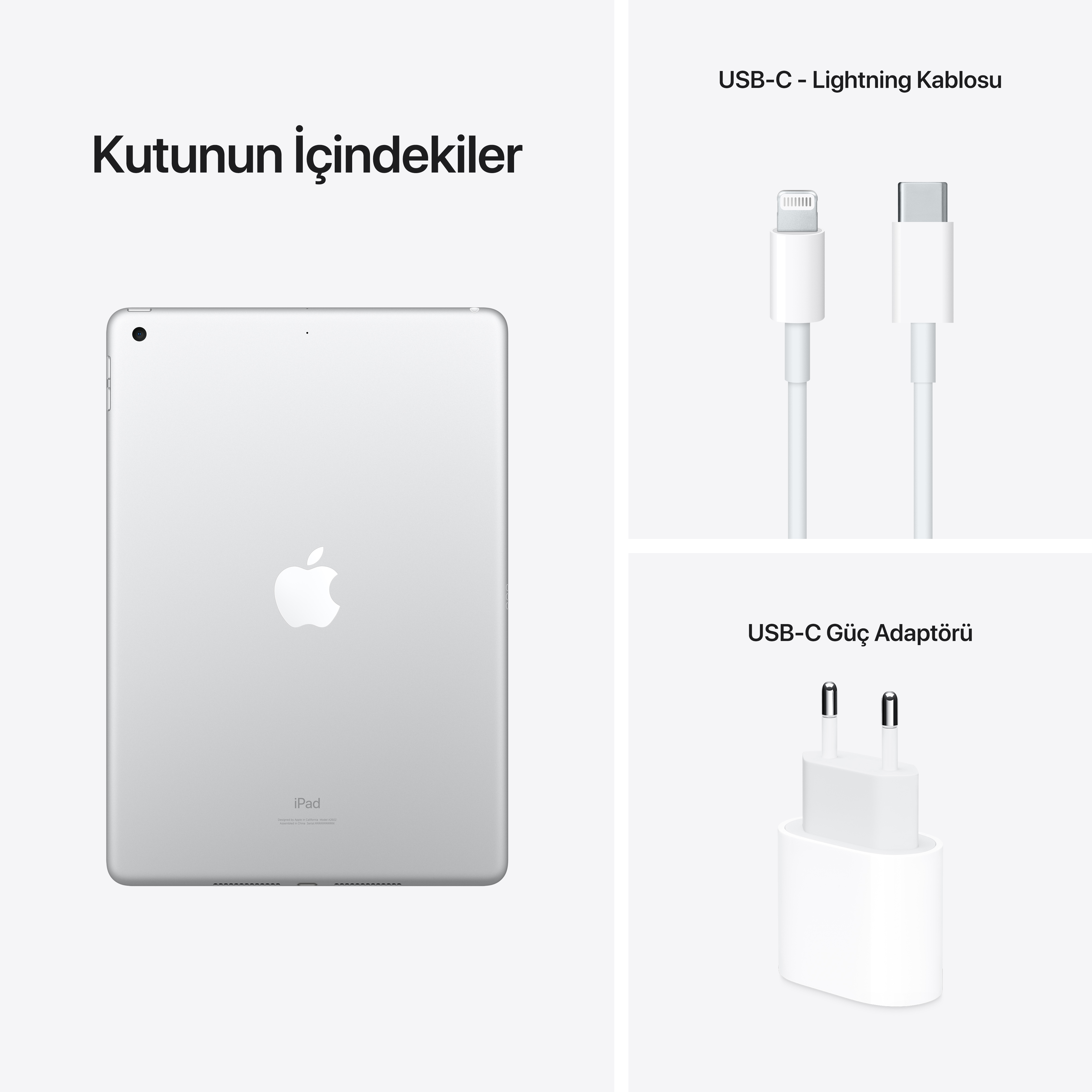 Bir iPad, şarj kablosu ve güç adaptörü beyaz bir arka plan üzerinde sergileniyor.