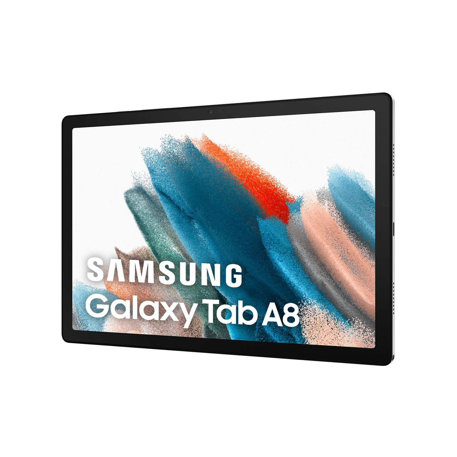 Tableta con una pantalla blanca que muestra el logotipo de Samsung Galaxy Tab A8. Fondo blanco.