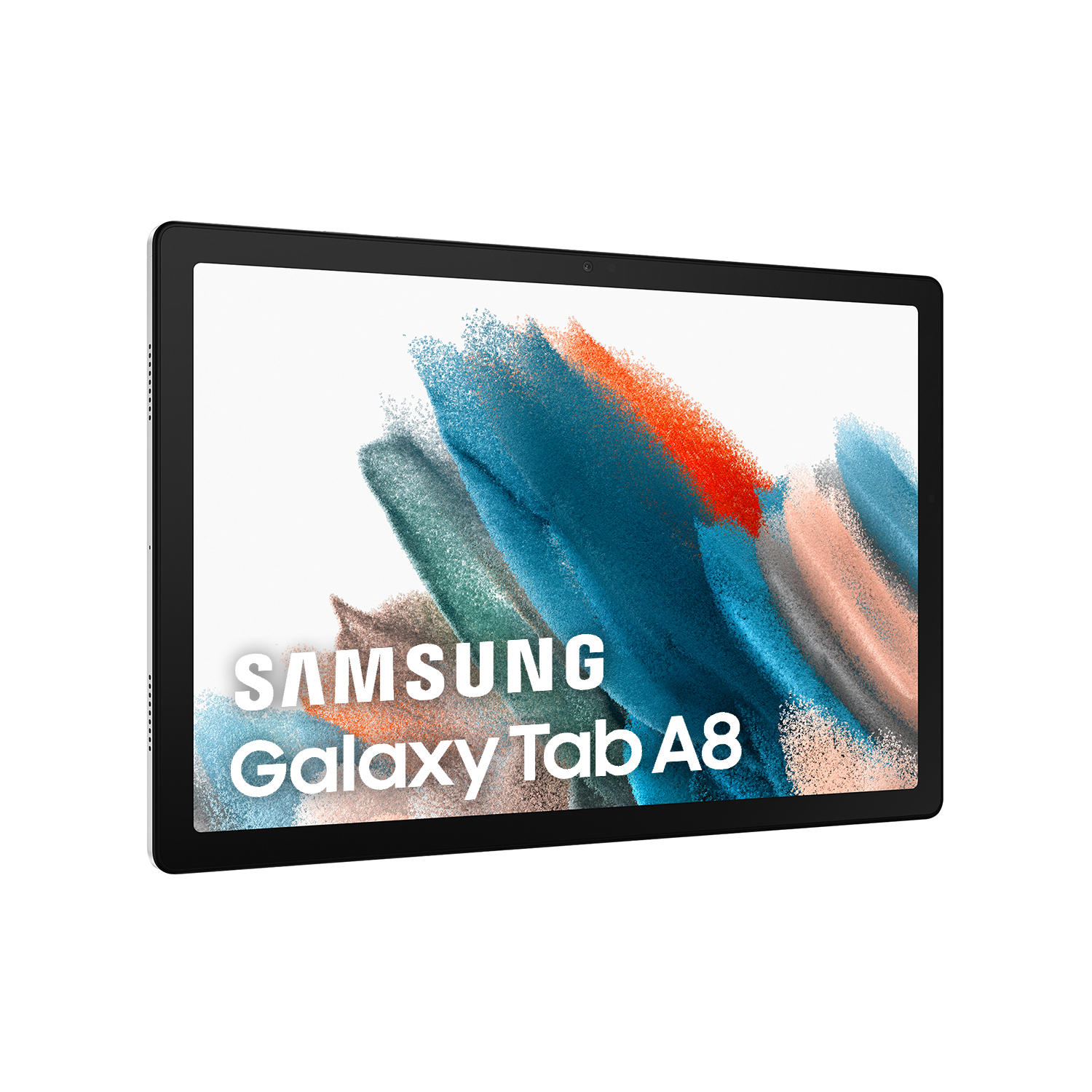 Tablet Samsung Galaxy Tab A8 en blanco, marco negro, pantalla muestra arte colorido.