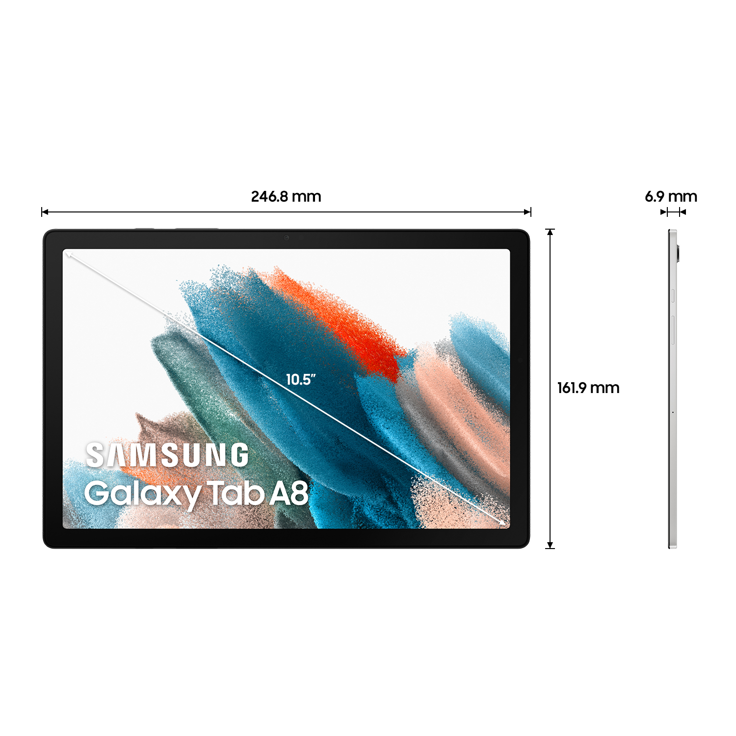 Samsung Galaxy Tab A8 con dimensiones y medidas mostradas.