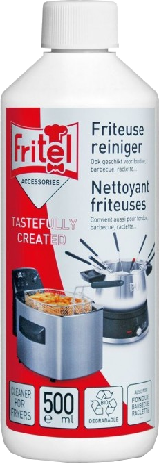 Fles frituurreiniger, etiketten in het Frans en Duits, met afbeeldingen van friteuse en fondue.