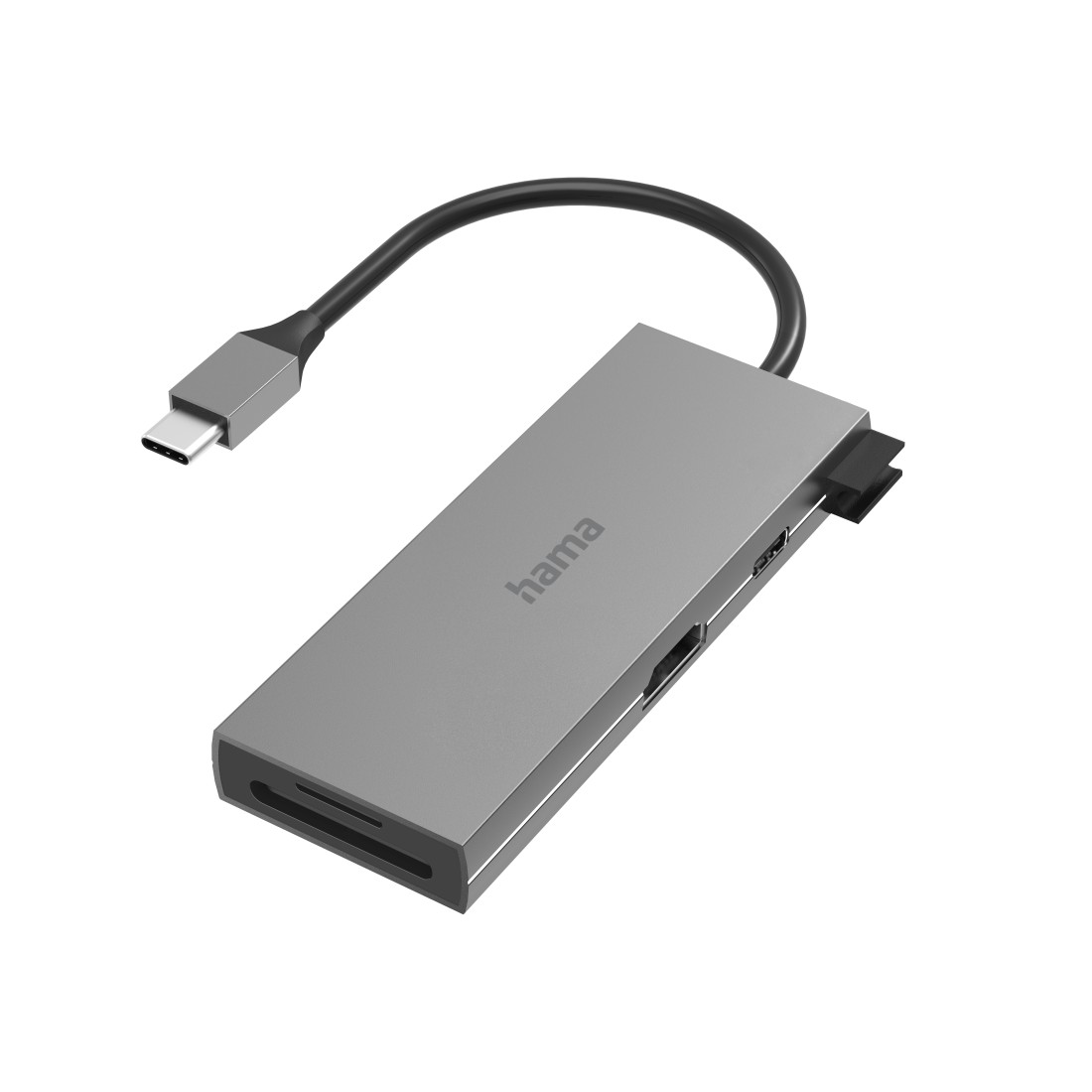 Silver Hama USB-C hub with multiple ports and a black cable, on a white surface.