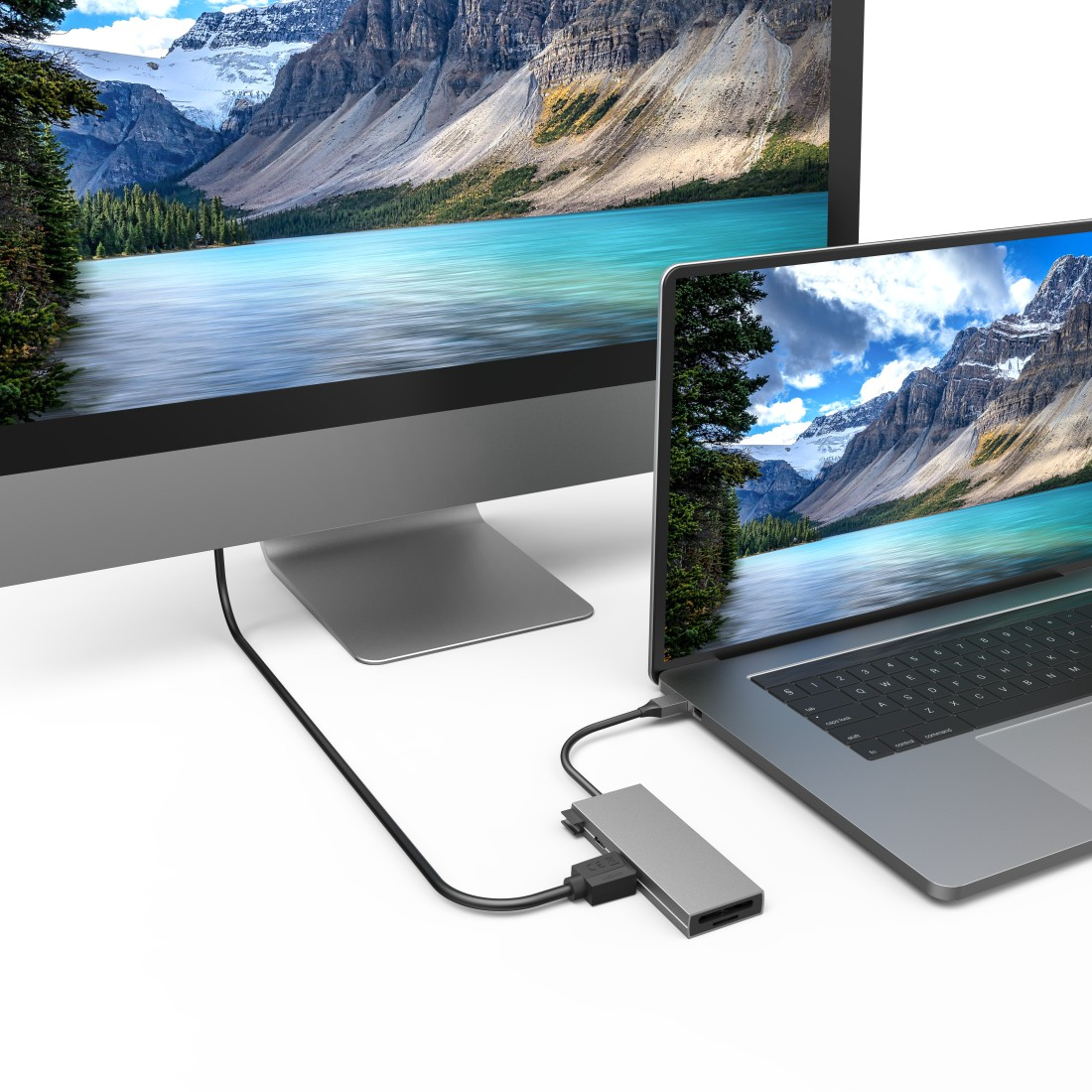 A computer monitor and a laptop are connected to a silver hub. The screens show mountain and lake images.