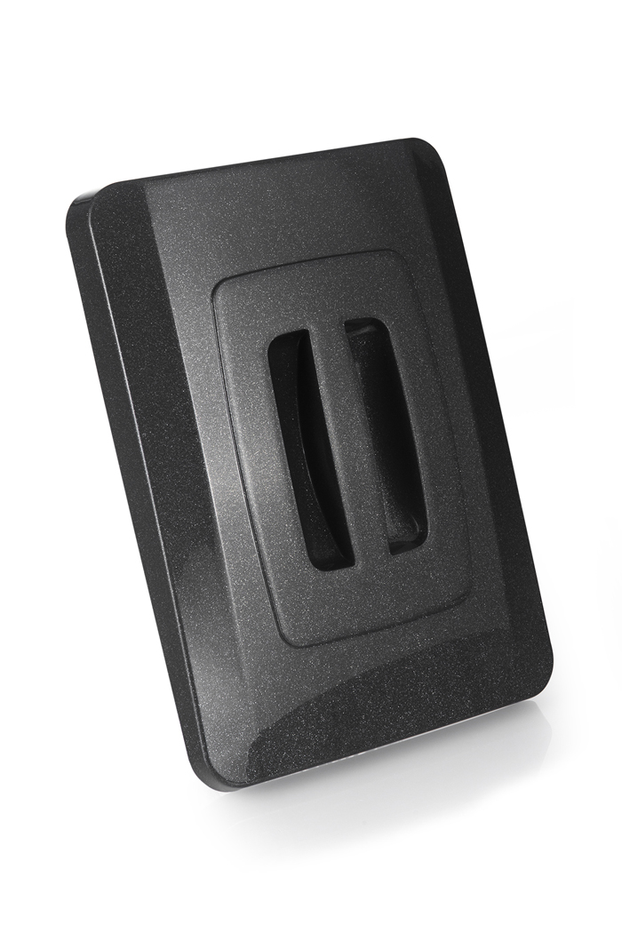 A black, rectangular device with a recessed central section.
