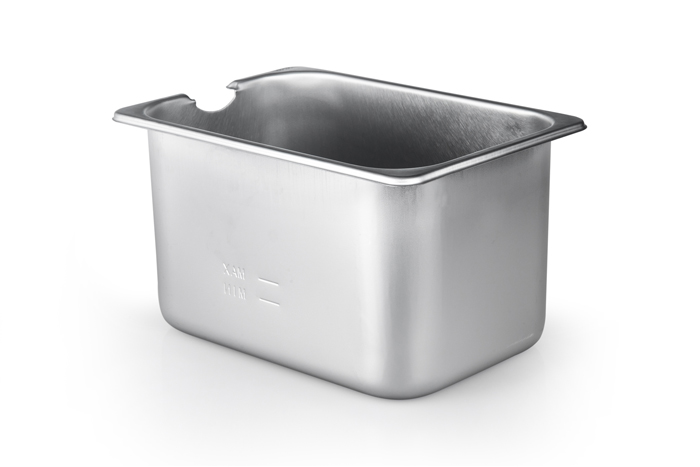 Stainless steel rectangular container. It has measurements marked and a small opening.