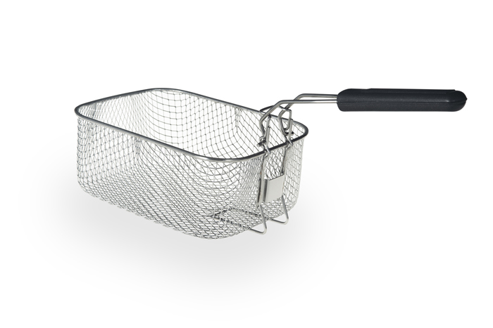 A stainless steel wire mesh basket with a black handle, on a white background.