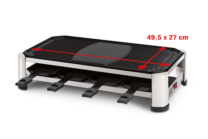 Raclette grill with black top, four cheese pans below, dimensions 49.5 x 27 cm.