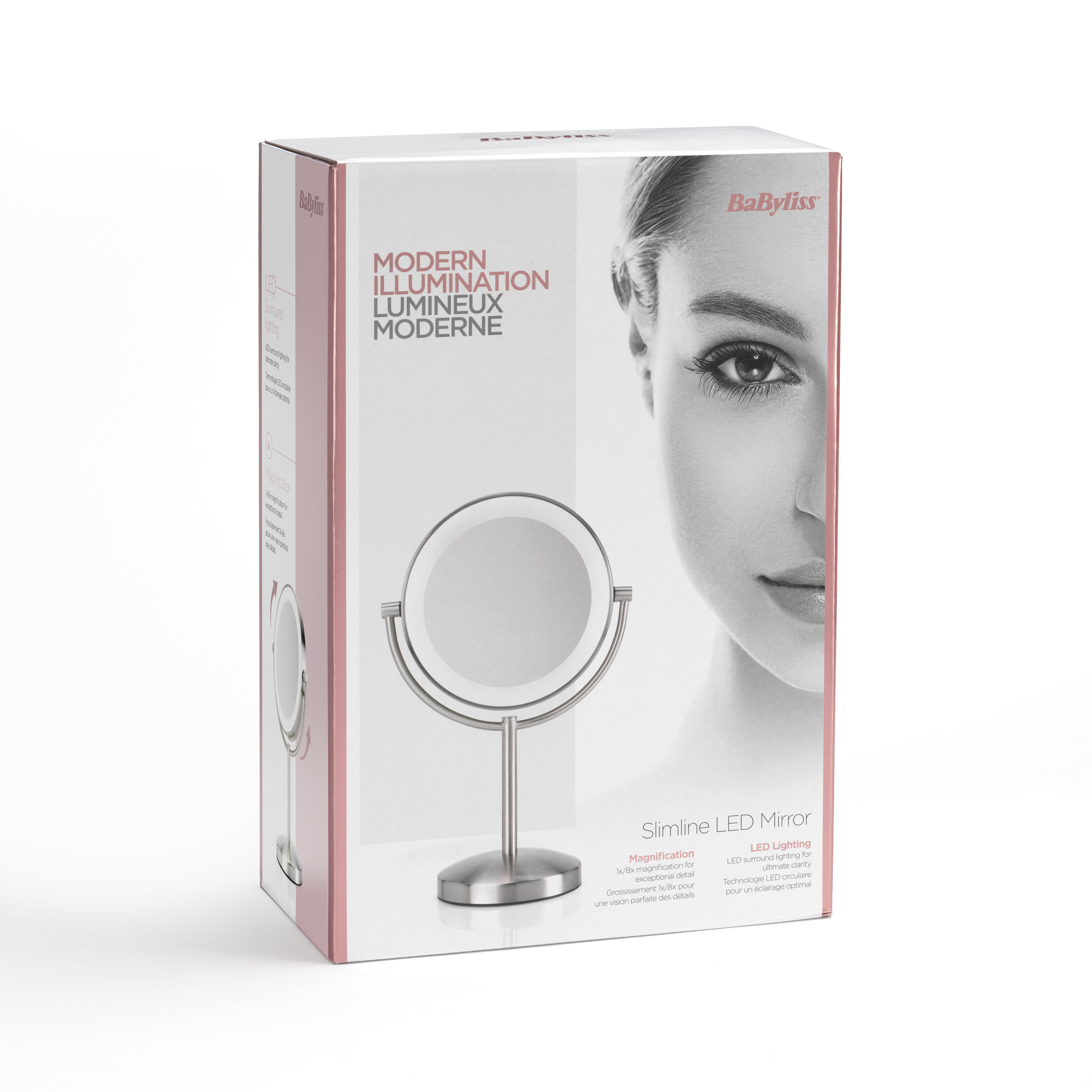 Babyliss Schminkspiegel in einer Box, mit einem Frauengesicht auf der Vorderseite.