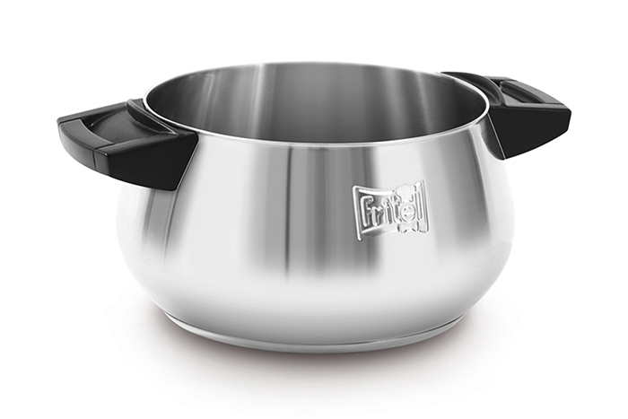 Stainless steel pot with two black handles. The Frittell logo is in the center.