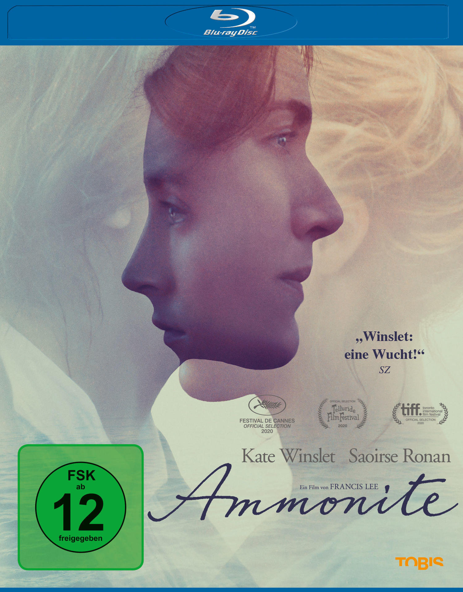 Ammonite Blu-ray Cover mit Kate Winslet und Saoirse Ronan. Zwei Gesichter auf dem Cover.