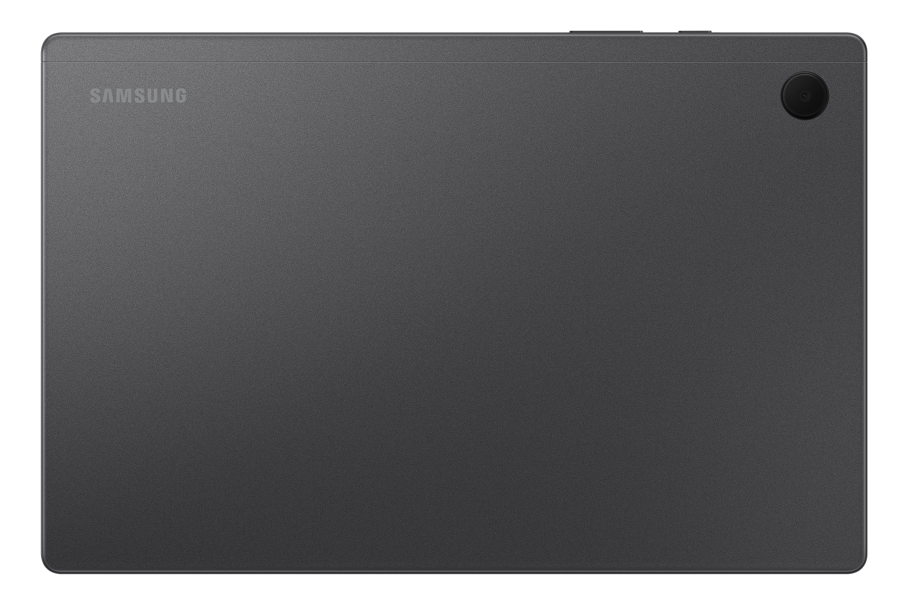 Rückansicht eines grauen Samsung Tablets. Das Samsung Logo ist sichtbar. Es hat eine Kamera oben rechts.