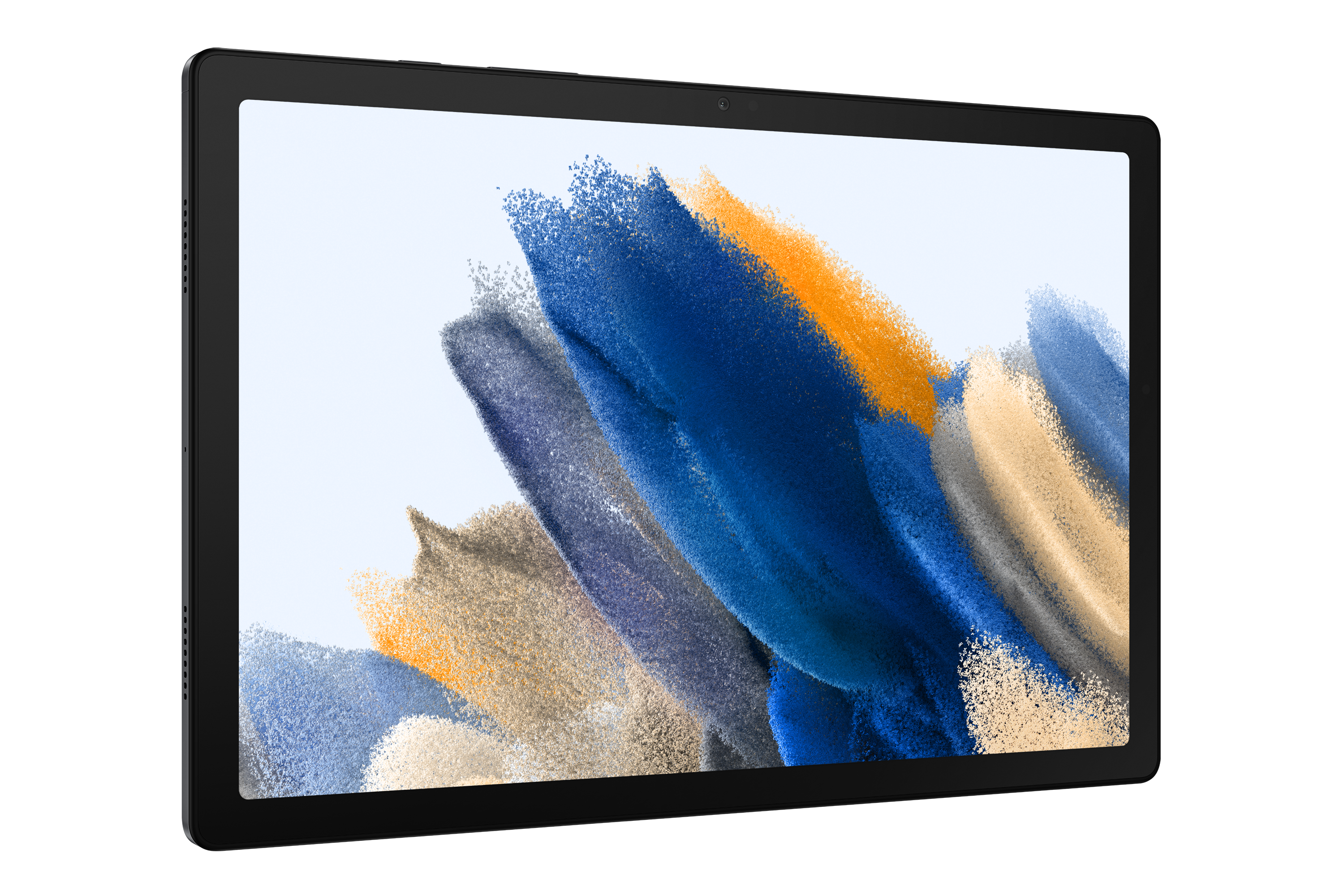 Schwarzes Tablet mit farbenfrohem Bildschirm auf schwarzem Hintergrund. Abstrakte Kunst.