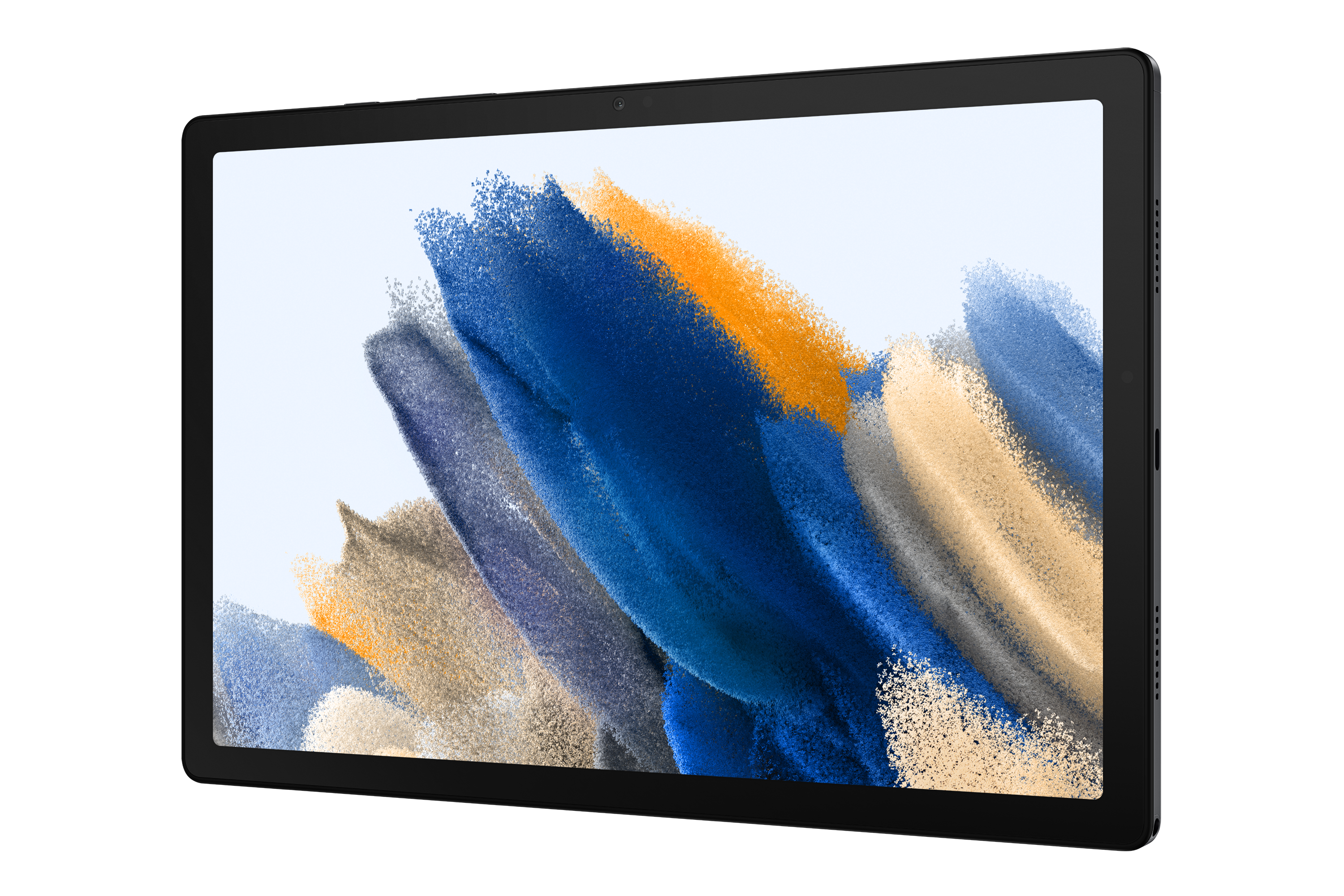 Ein Tablet zeigt ein farbenfrohes abstraktes Bild auf schwarzem Hintergrund.