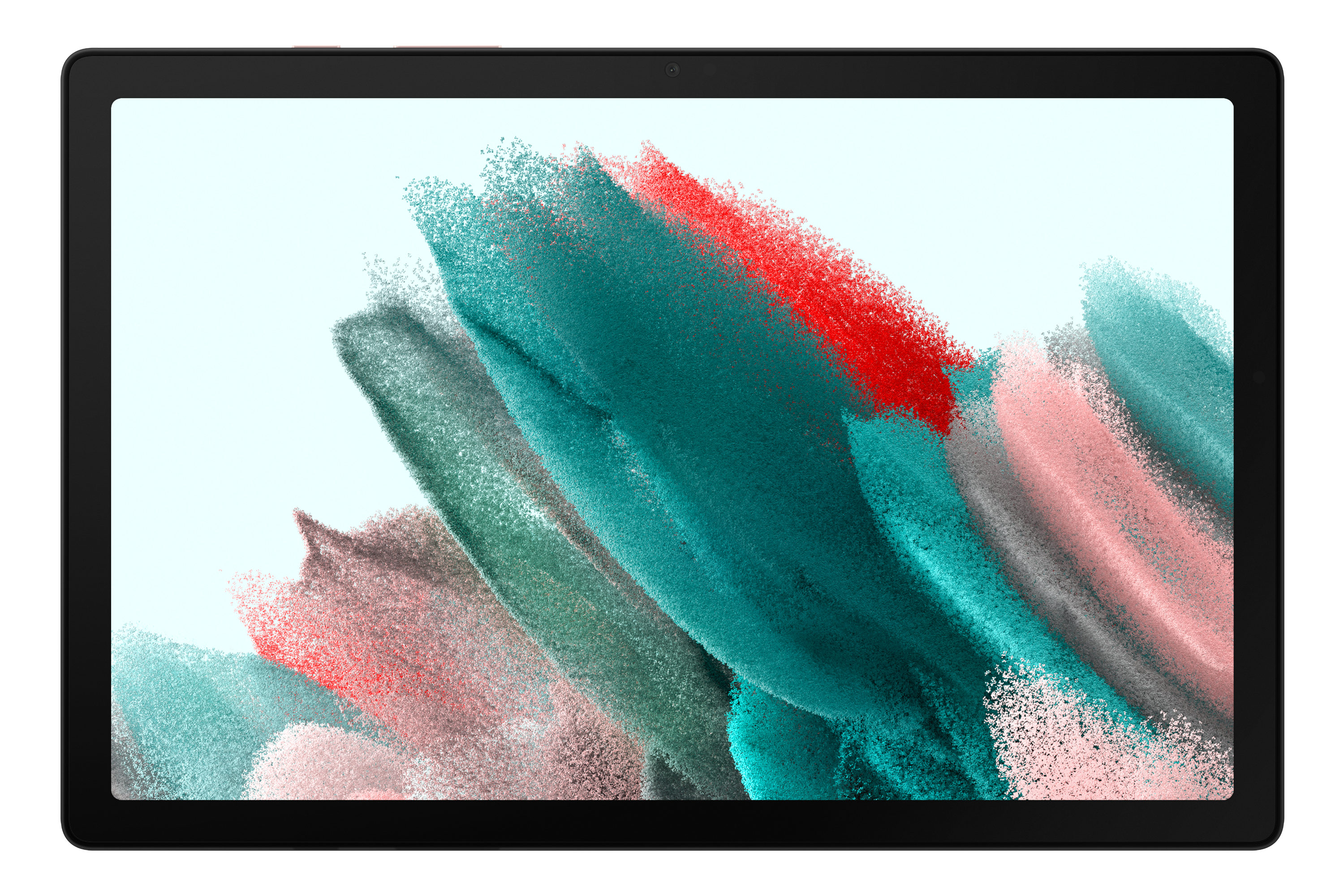 Tablet mit farbenfroher abstrakter Kunst auf dem Bildschirm. Schwarzer Rahmen umgibt das Display.