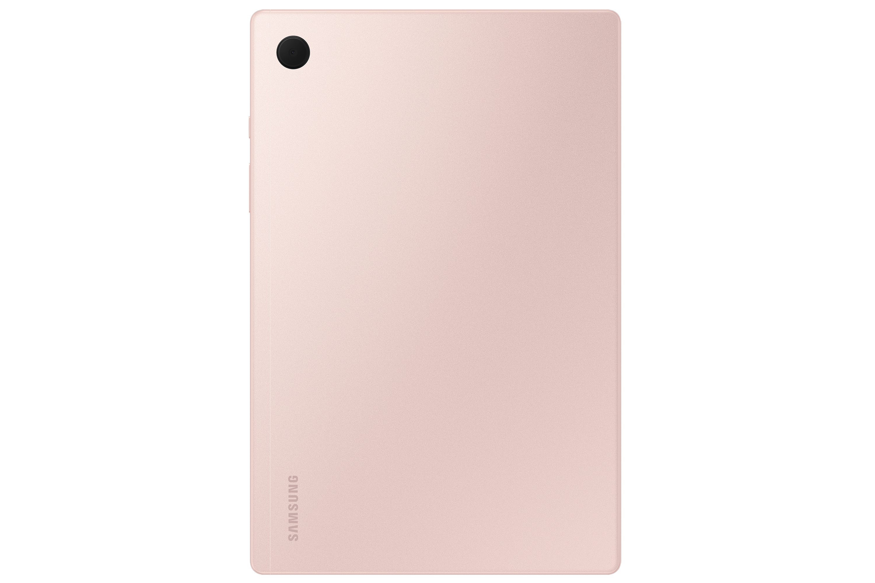 Die Rückseite eines rosafarbenen Tablets, mit Kameralinse oben und Samsung-Logo.