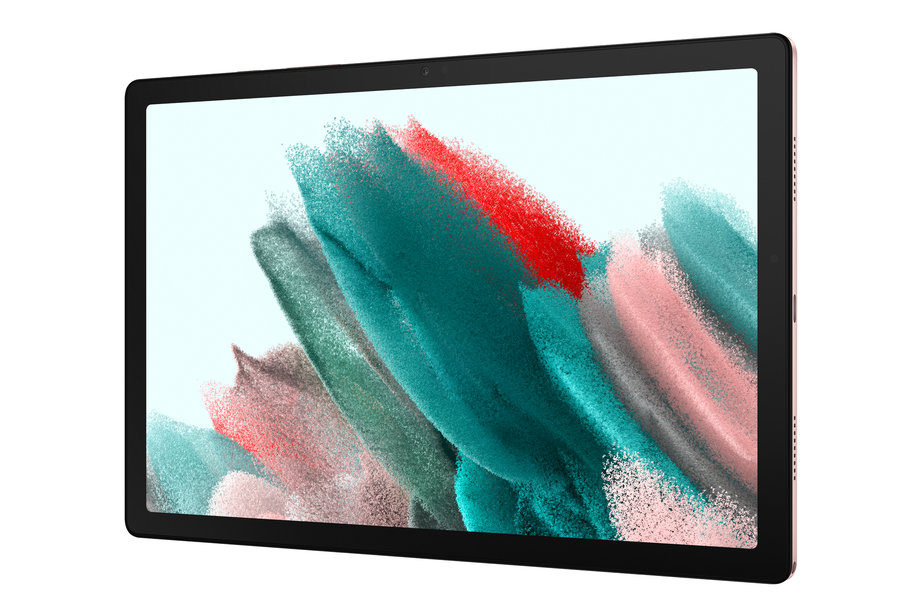 Ein schwarzes Tablet mit goldenem Rahmen, das farbenfrohe abstrakte Kunstwerke zeigt.