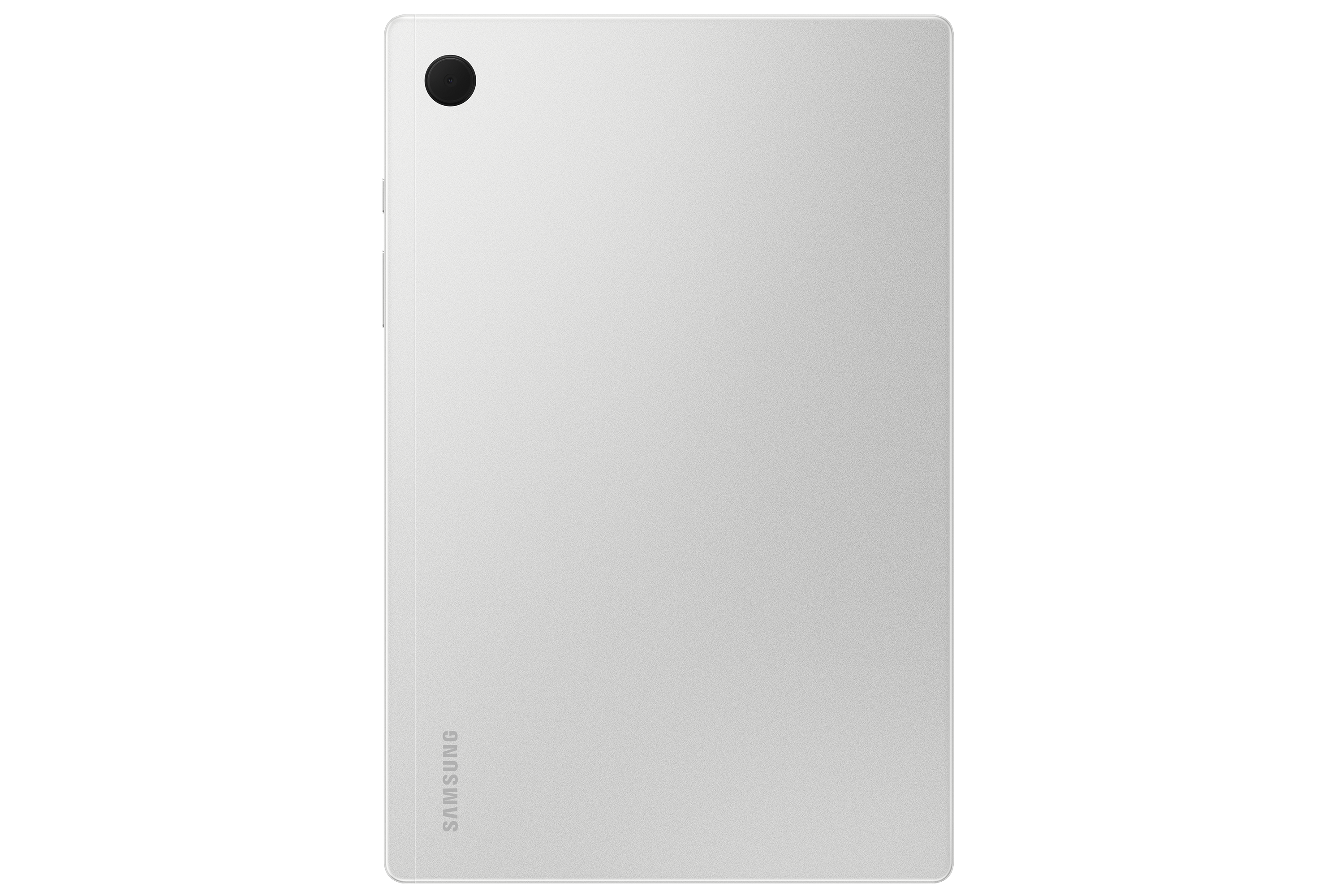 Die Rückseite eines weißen Tablets, mit Kameralinse oben und Samsung-Logo.