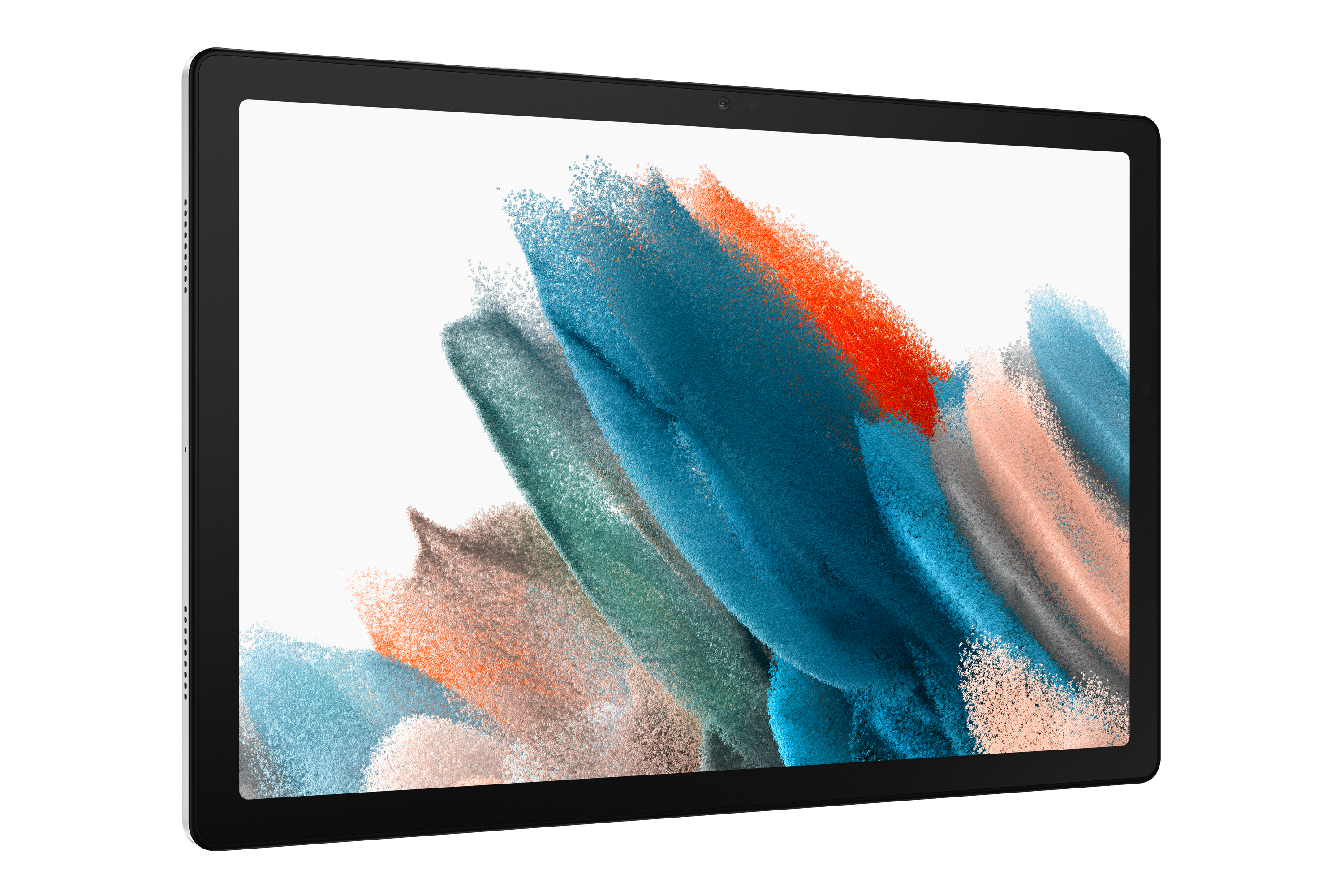 Tablet mit schwarzem Rahmen und Bildschirm, der farbenfrohe, abstrakte Farbstriche zeigt.