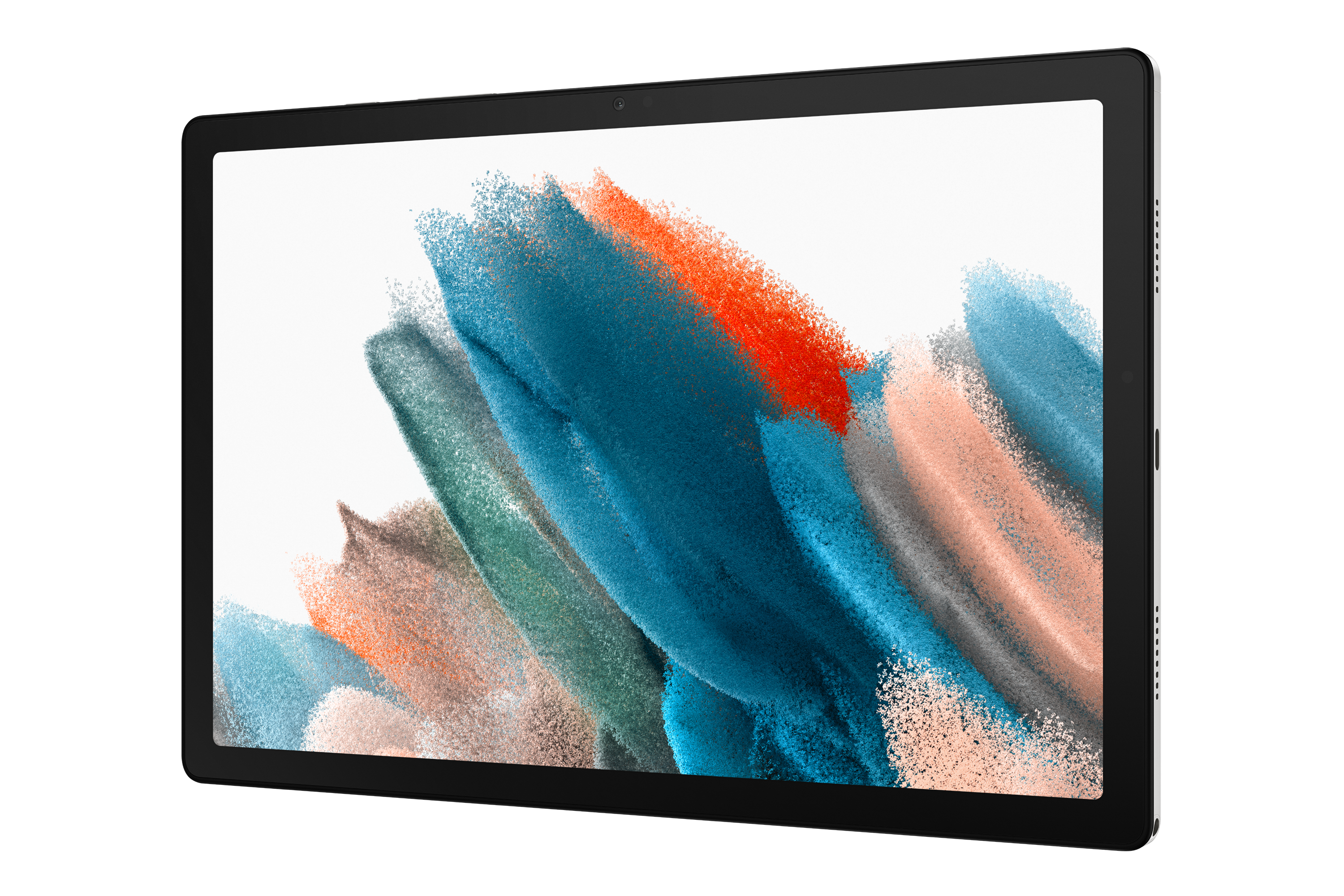 Ein Tablet mit weißem Bildschirm, der abstrakte Kunst zeigt. Schwarzer Rahmen, schwarzer Hintergrund.