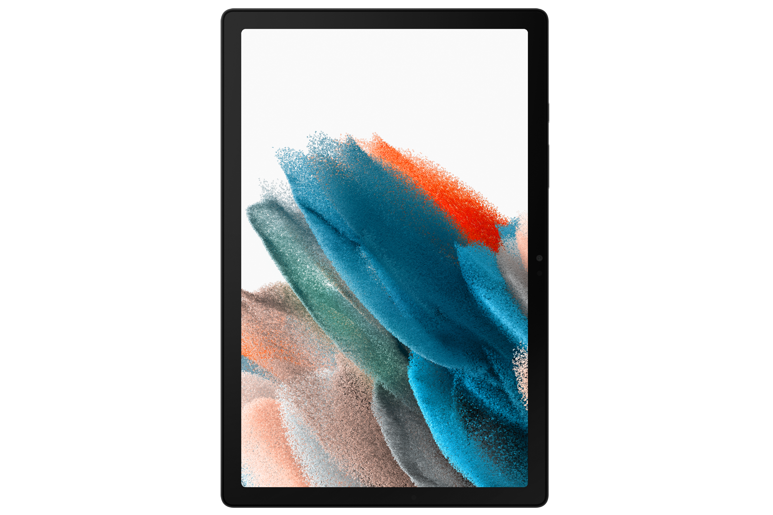 Samsung Tablet mit buntem, abstraktem Bild auf dem Bildschirm, schwarzer Rahmen.