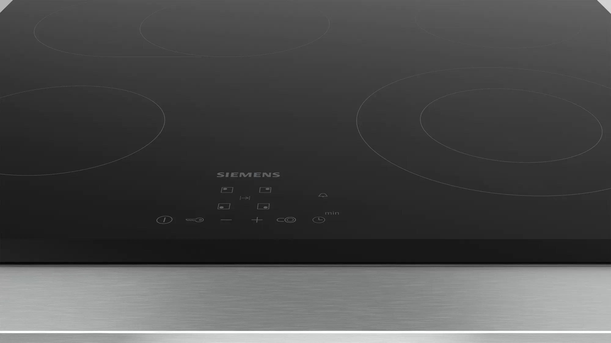A black, Siemens induction cooktop with several touch controls on a silver base.