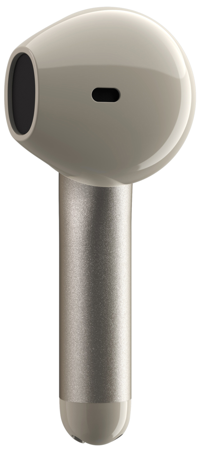 Close-up van een witte draadloze oordop met een zilveren steel.