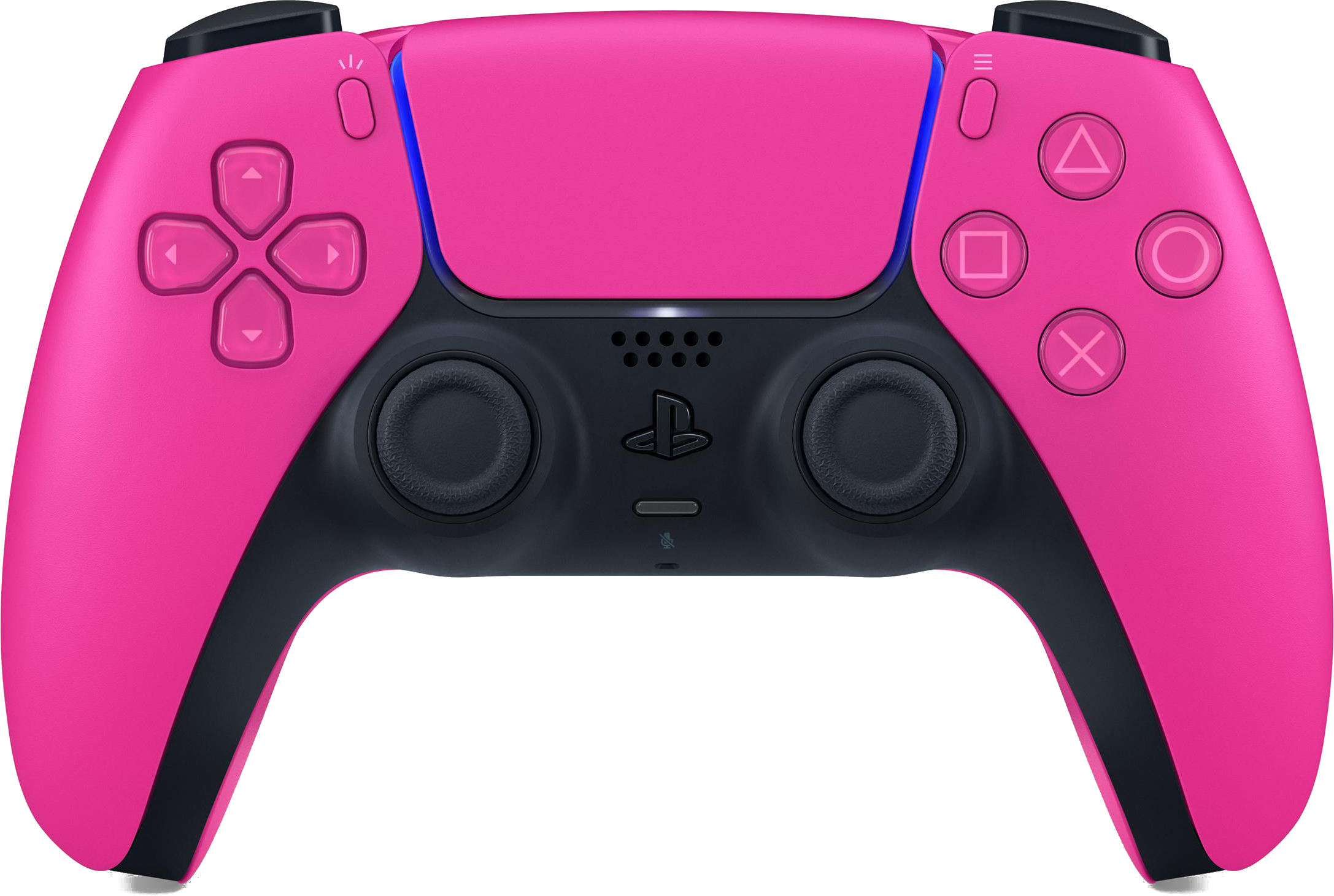 Ein pinkfarbener und schwarzer PlayStation 5-Controller mit Standard-Tastenanordnung.