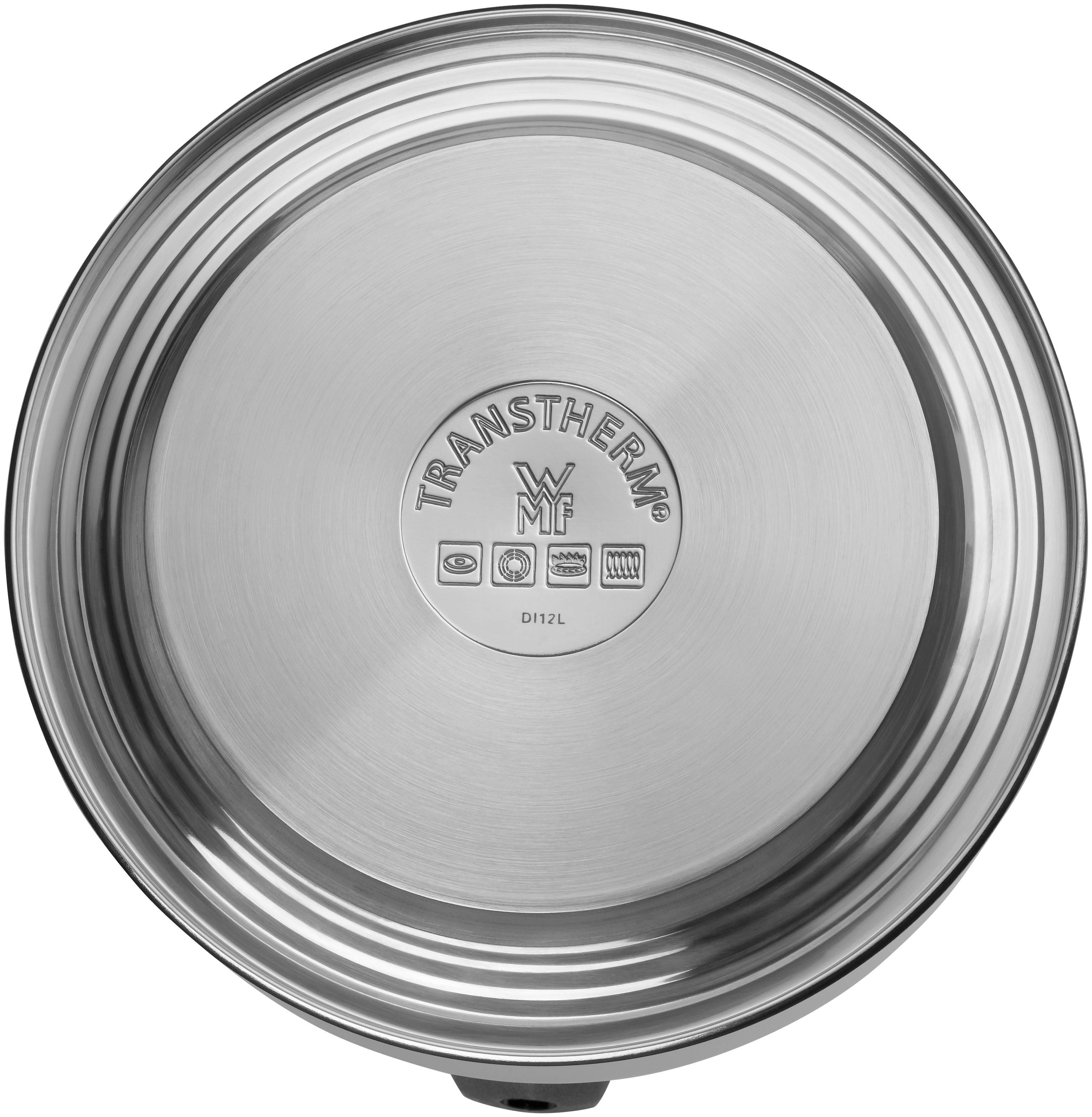 Edelstahl-Pfannenboden mit Logo und Text: TRANSTHERM und D112L.
