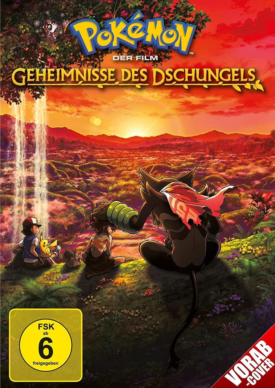 Filmcover: Pokémon-Charaktere in einer Dschungelszene mit Wasserfall und Sonnenuntergang im Hintergrund.