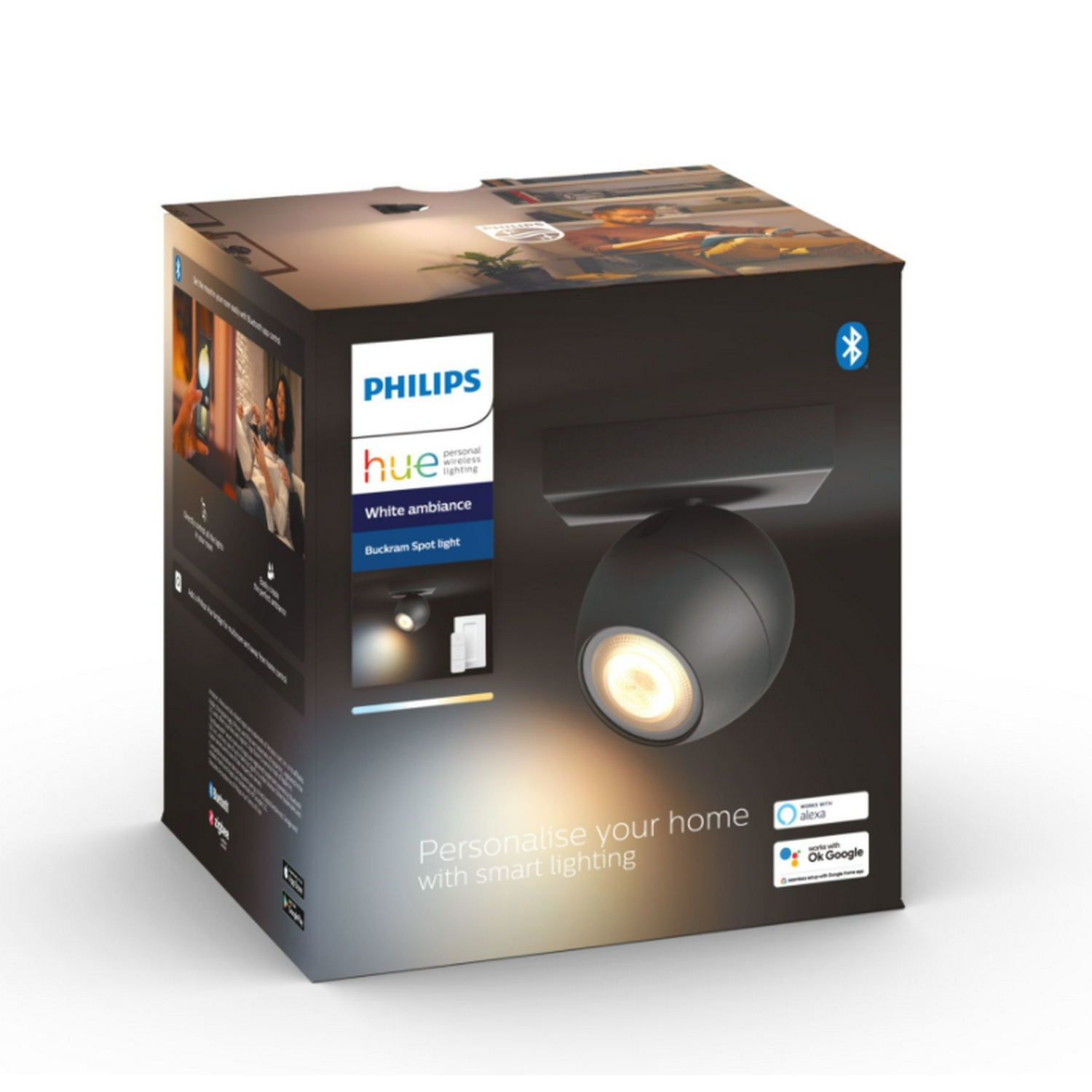 Lámpara inteligente - Philips Hue White Ambiance Buckram, 1 Foco, Amazon Alexa y Google Assistant, Negro