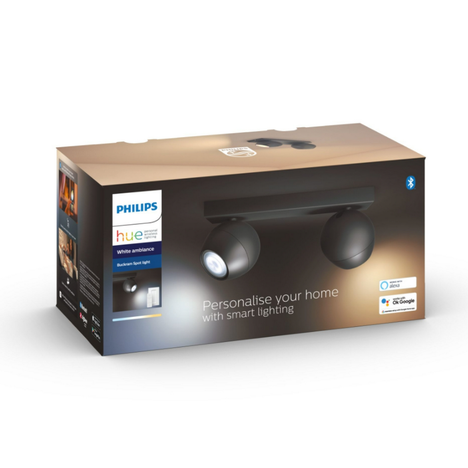 Lámpara inteligente - Philips Hue White Ambiance Buckram, Foco doble, Amazon Alexa y Google Assistant, Negro
